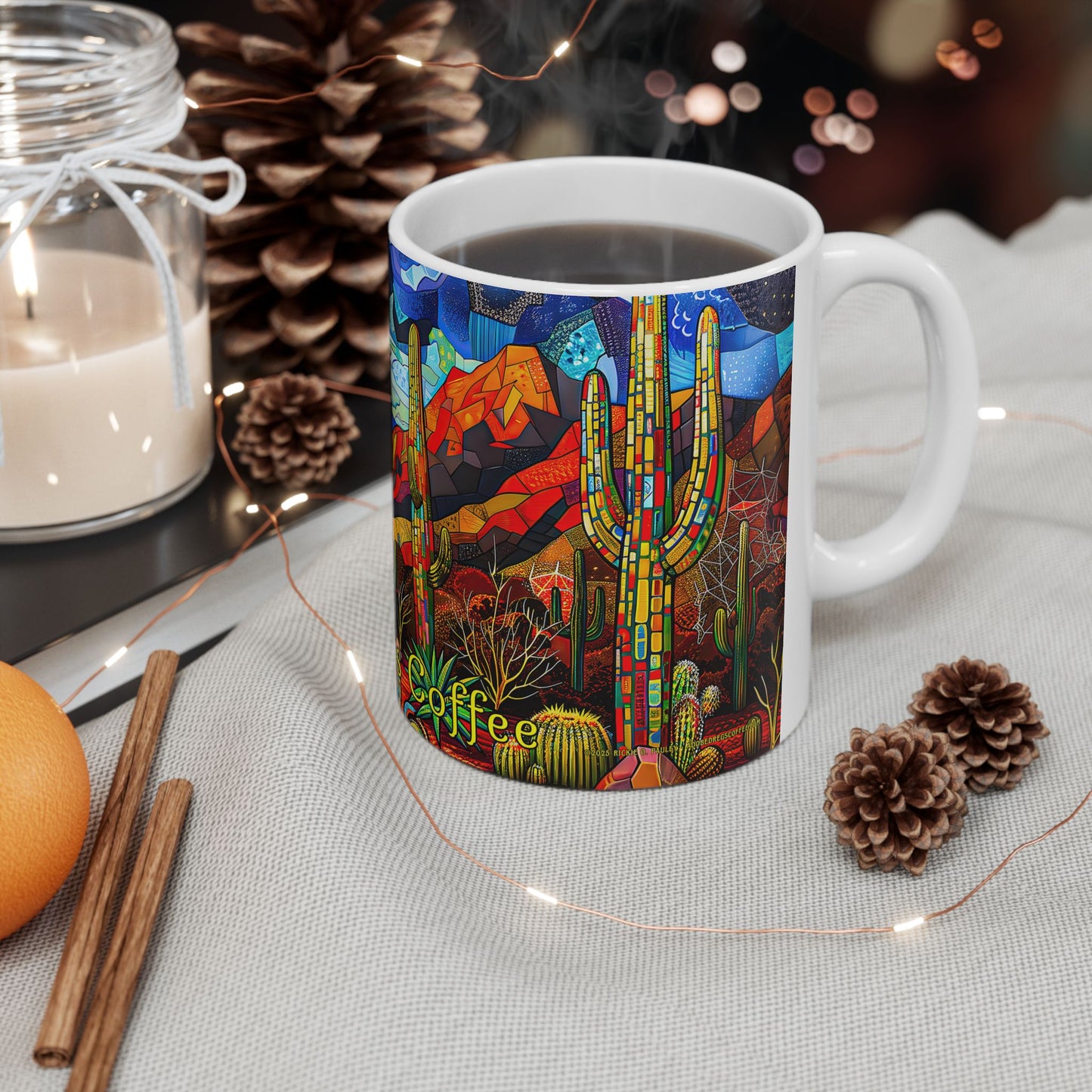 "A Patchwork Desert Camp" Vibrant Ceramic Mug - Available in 11oz and 15oz Sizes