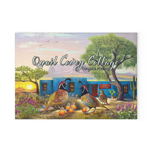 "Quail Covey Cottage" Rustic Glass Cutting Board with Quail Design, Available in 2 sizes, Kitchen Decor, Gift for Cooks, Desert Southwest Style