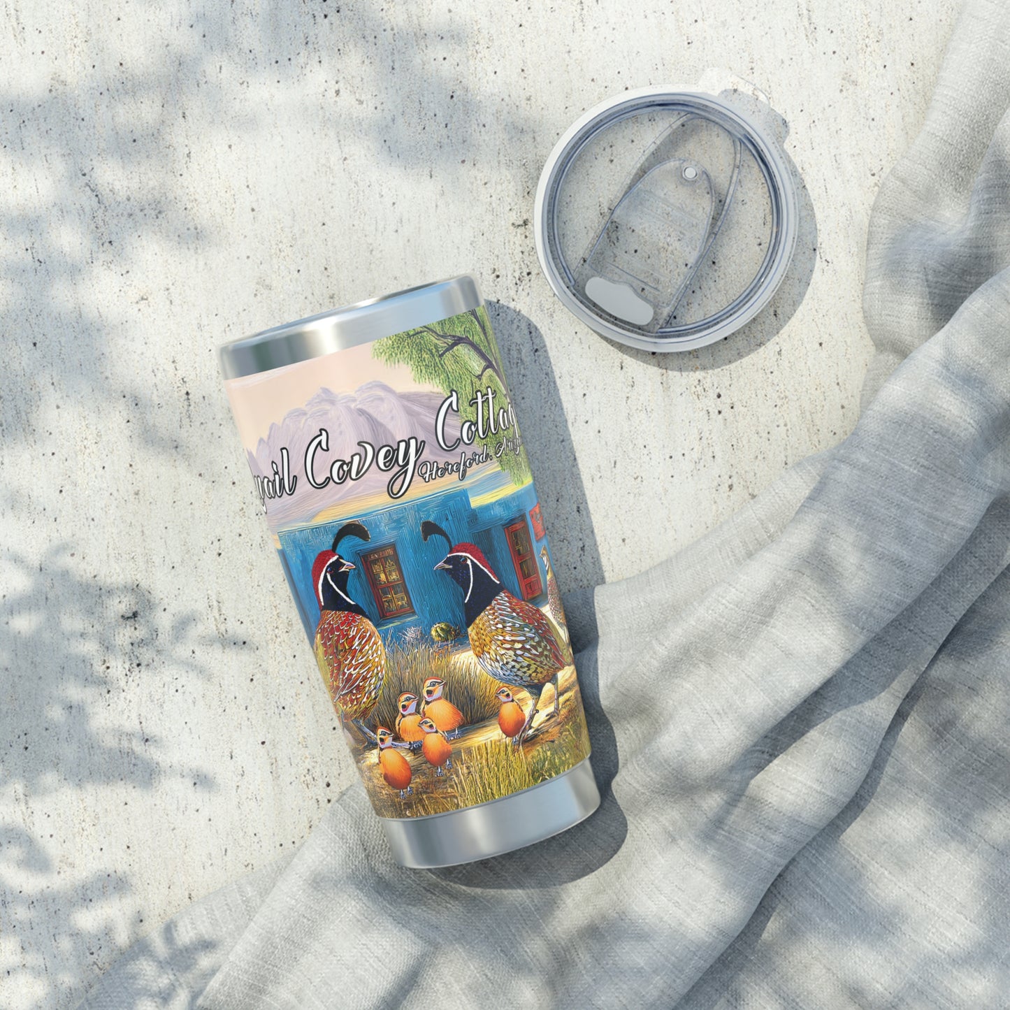 "Quail Covey Cottage" - Vagabond 20oz Tumbler - Artistic Travel Mug for Adventurers, Insulated Drinkware for Traveling, Unique Gift