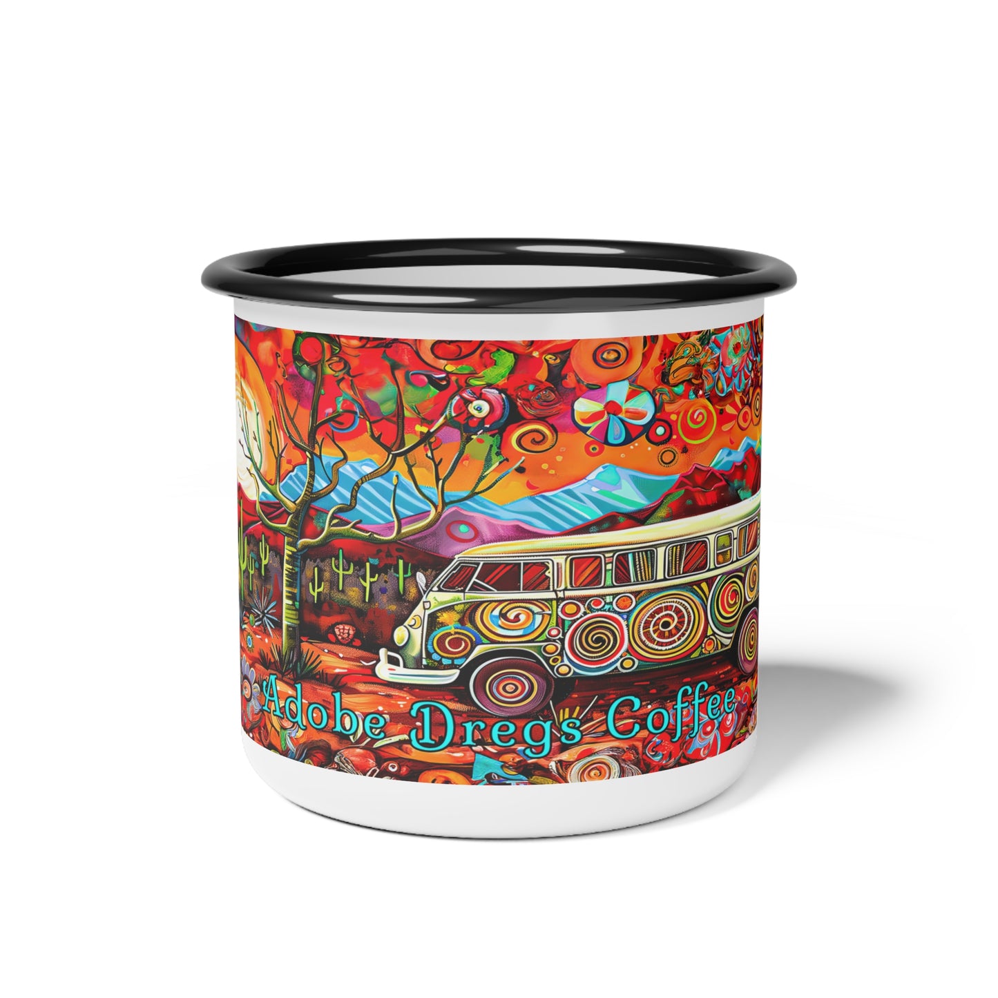 "Hippy Trips" Enamel Camp Cup - 12oz Desert Themed Mini Bus, Camper Van Camp Mug