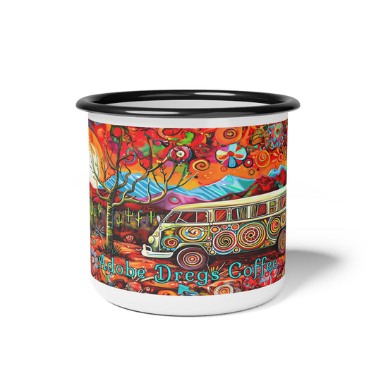 "Hippy Trips" Enamel Camp Cup - 12oz Desert Themed Mini Bus, Camper Van Camp Mug