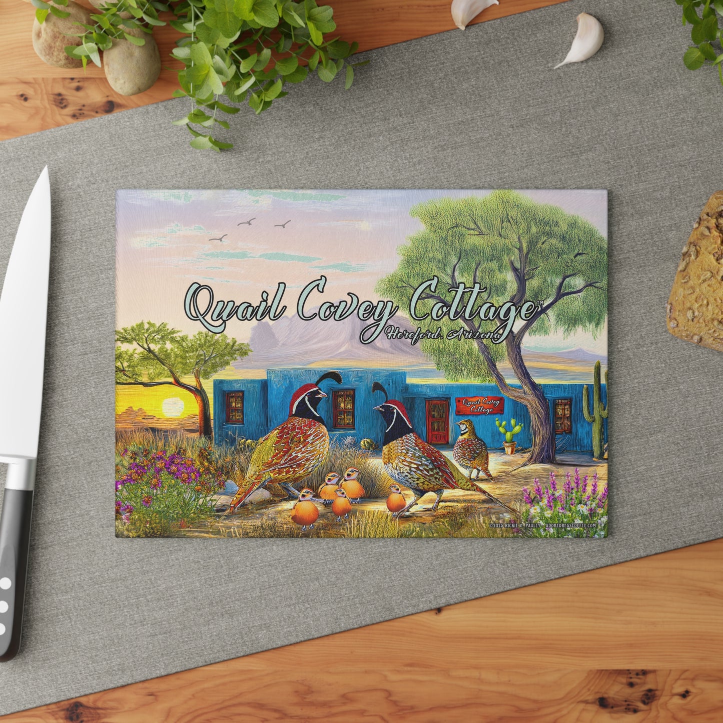 "Quail Covey Cottage" Rustic Glass Cutting Board with Quail Design, Available in 2 sizes, Kitchen Decor, Gift for Cooks, Desert Southwest Style