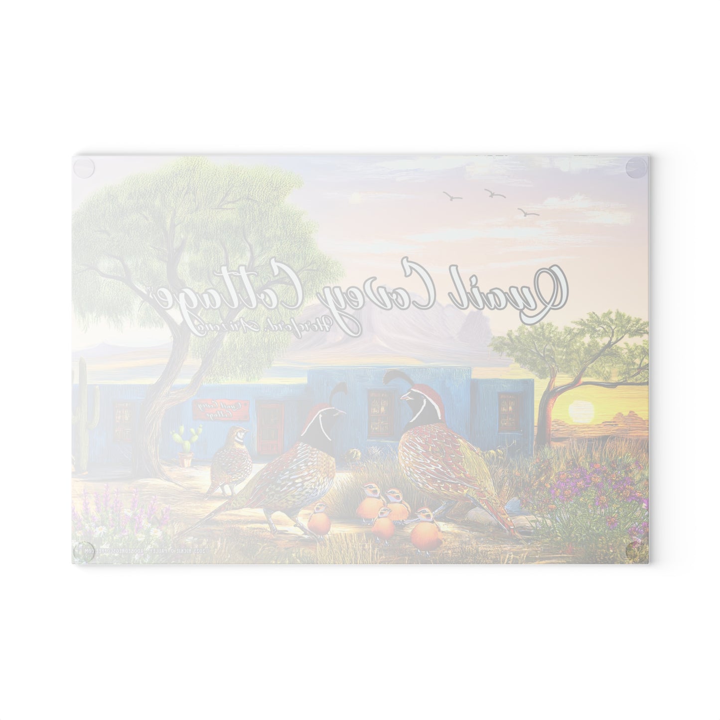 "Quail Covey Cottage" Rustic Glass Cutting Board with Quail Design, Available in 2 sizes, Kitchen Decor, Gift for Cooks, Desert Southwest Style