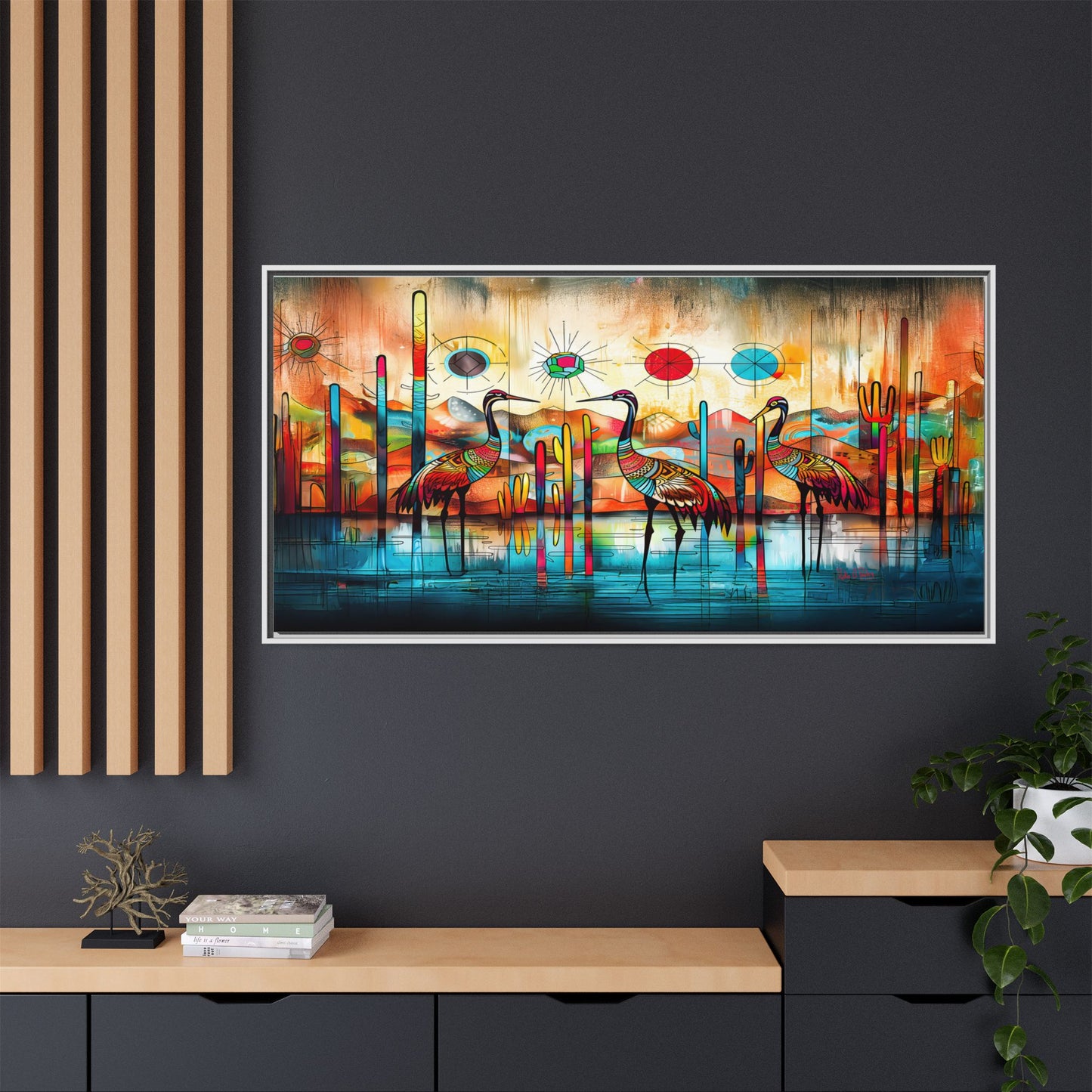 "Sandhill Craze" Vibrant & Colorful Sandhill Cranes Framed Canvas Art, Colorful Wall Decor, Unique Gift Idea, Art for Living Room and Office