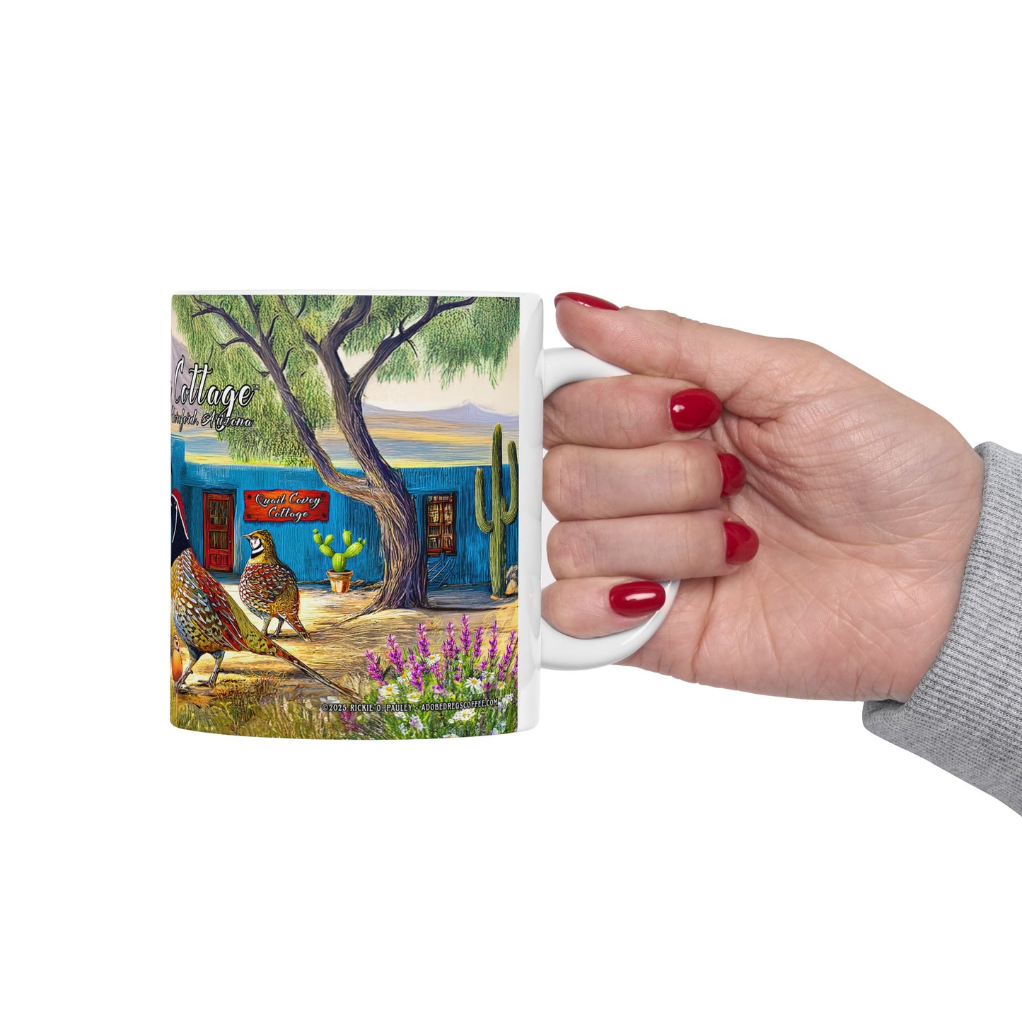 "Quail Covey Cottage" - Rustic Quail-Themed Ceramic Mug, Unique Coffee Cup, Nature Lover Gift, Desert Southwest Decor