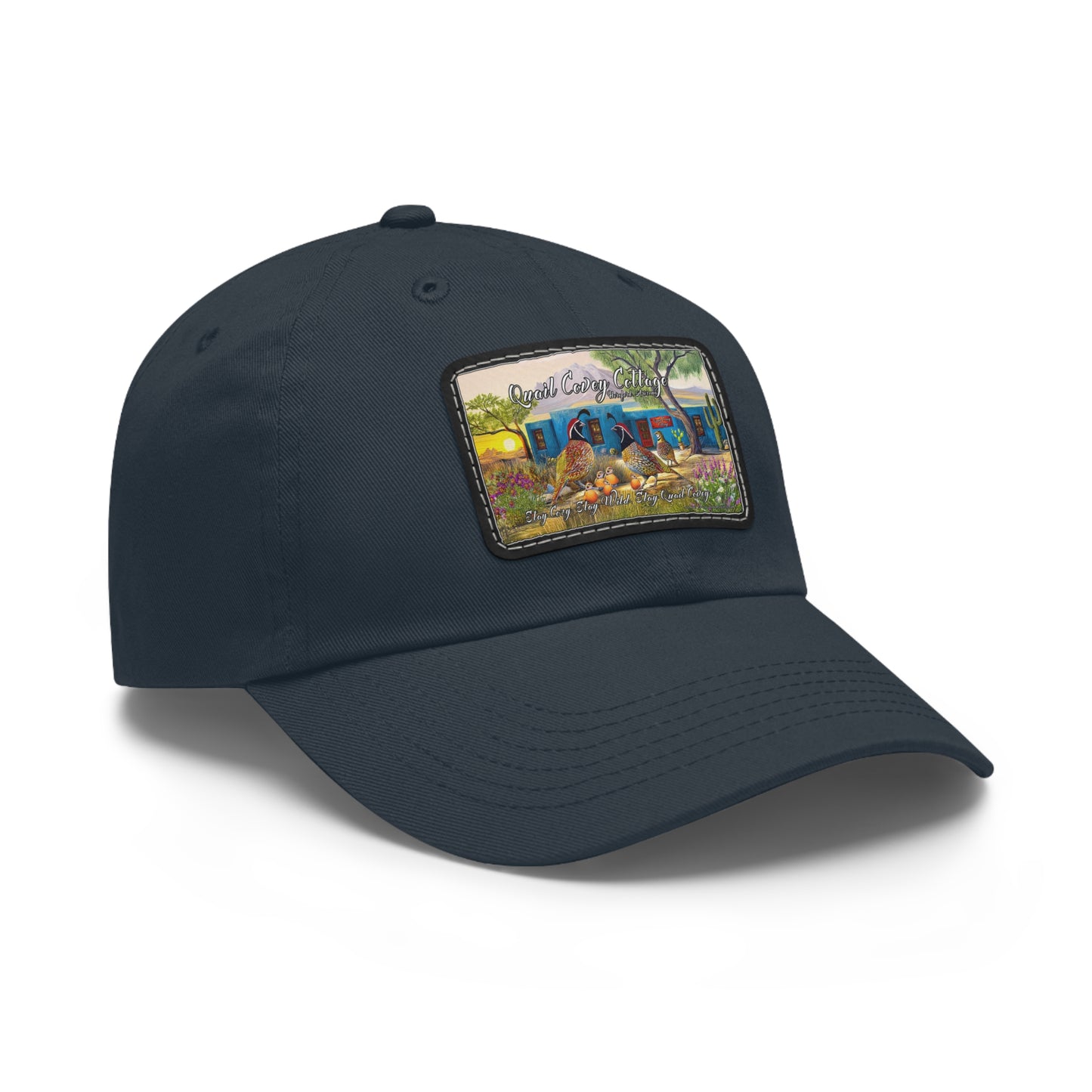 "Quail Covey Cottage" Stylish Dad Hat with Leather Patch, Casual Outdoor Wear, Unique Dad Accessory, Vintage-Inspired Cap,