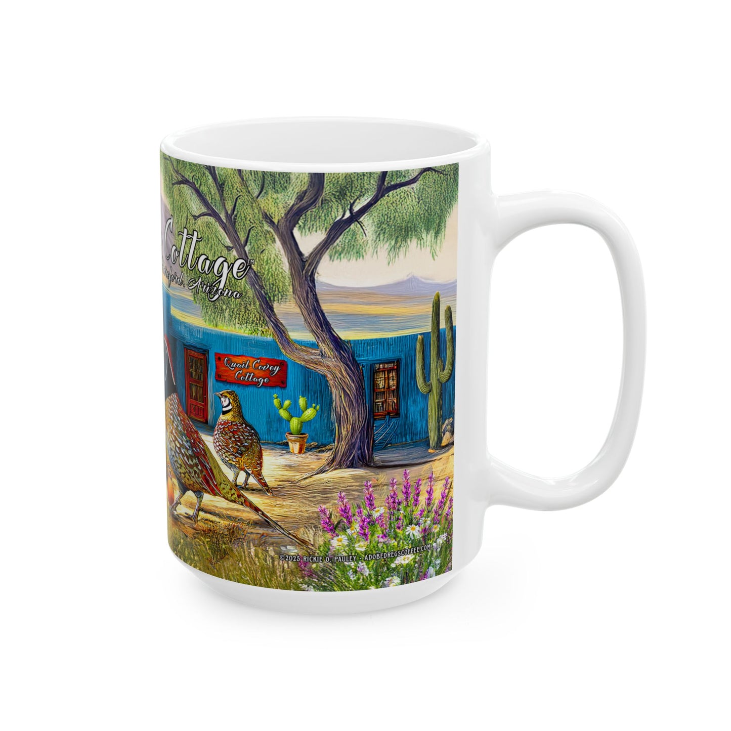 "Quail Covey Cottage" - Rustic Quail-Themed Ceramic Mug, Unique Coffee Cup, Nature Lover Gift, Desert Southwest Decor