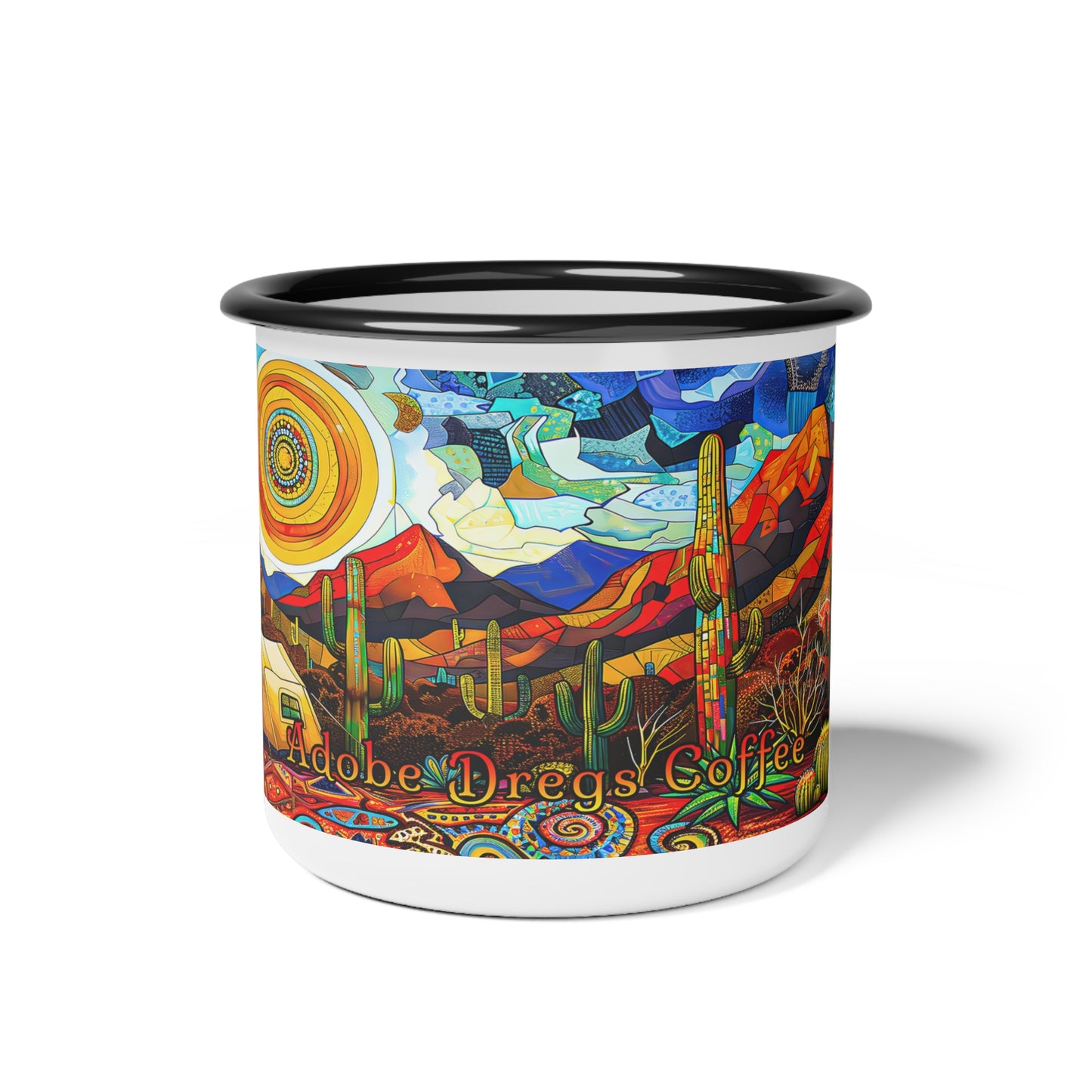"A Patchwork Desert Camp" Mug Desert Southwest Theme Colorful Patchwork Desert Tent 12 oz Enamel Cup