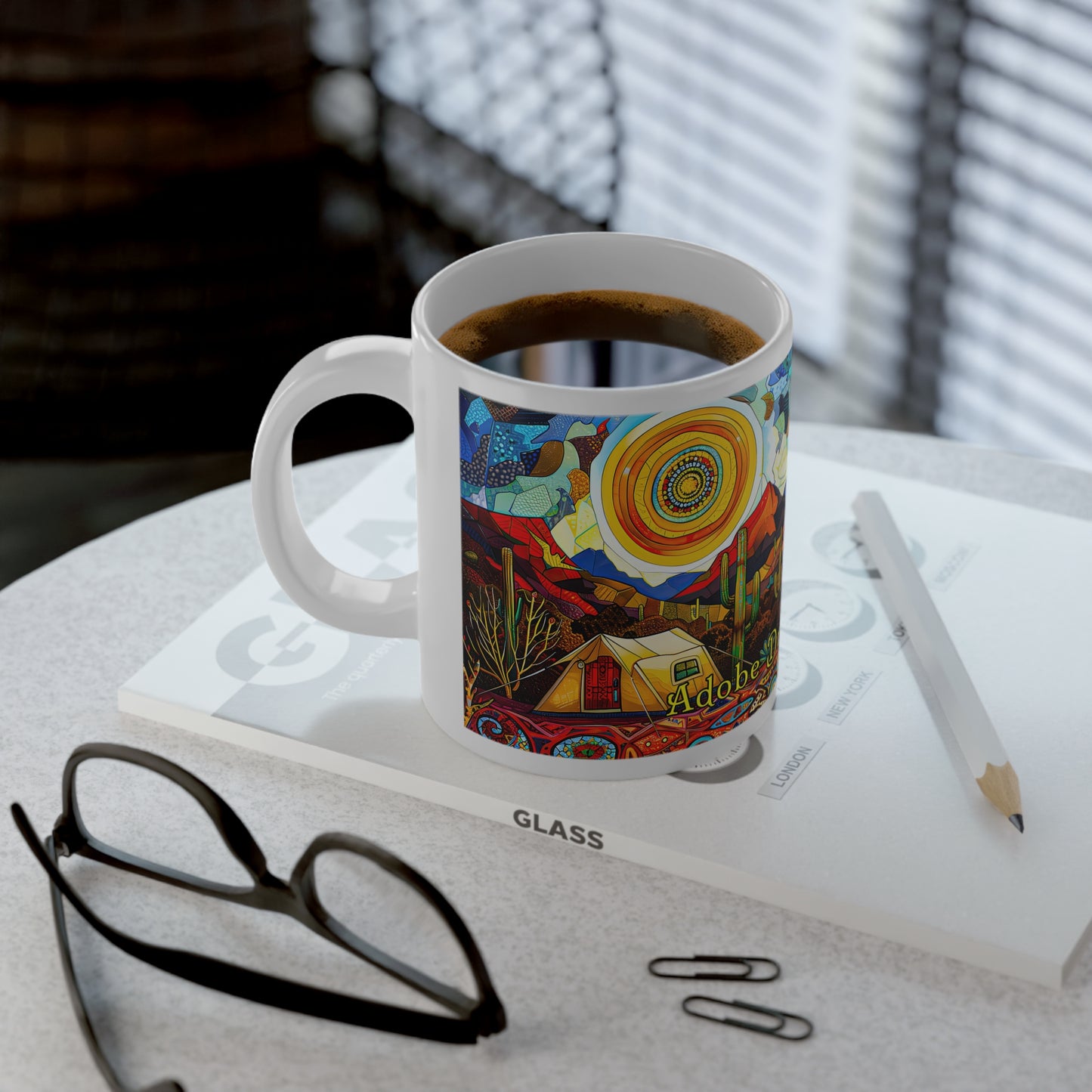 "A Patchwork Desert Camp" 20oz Ceramic Mug with Original Artwork by Rickie O. Pauley
