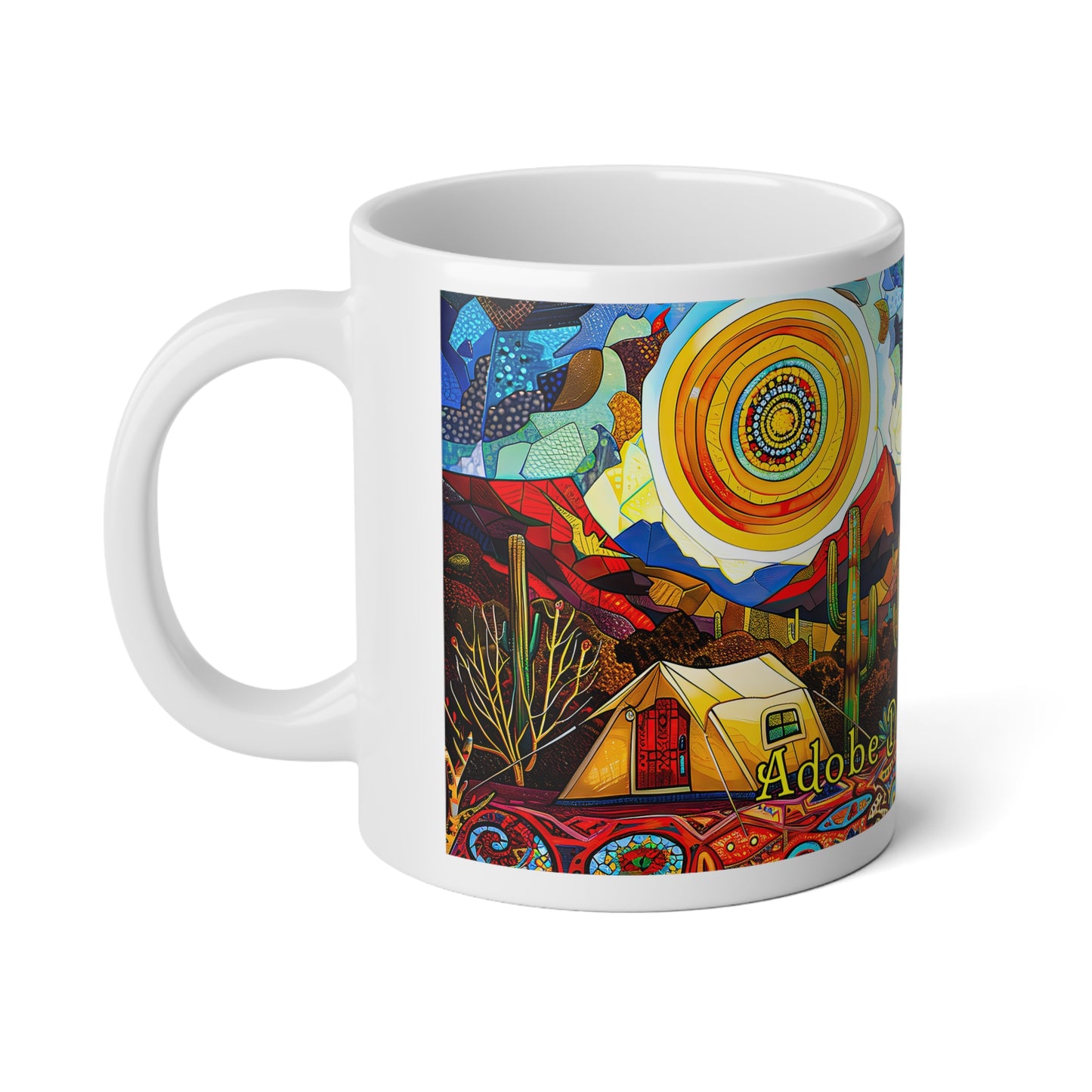 "A Patchwork Desert Camp" 20oz Ceramic Mug with Original Artwork by Rickie O. Pauley