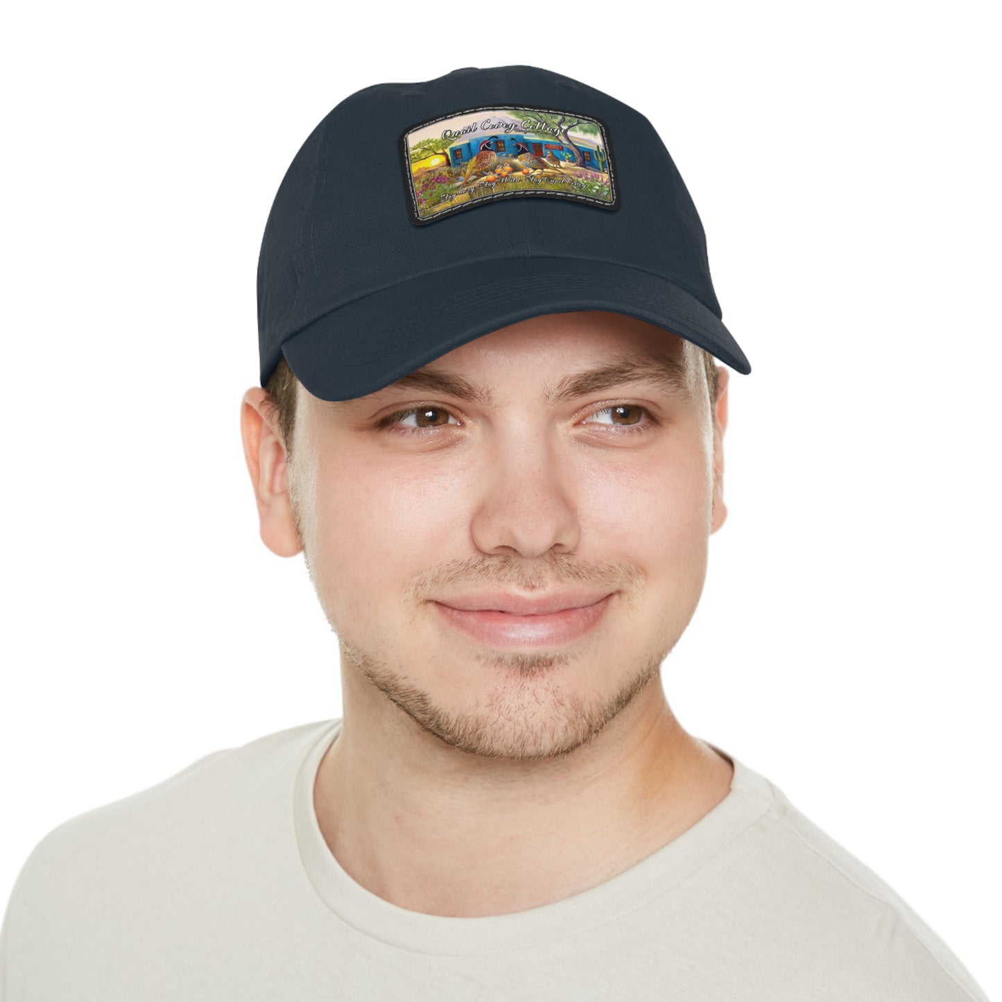 "Quail Covey Cottage" Stylish Dad Hat with Leather Patch, Casual Outdoor Wear, Unique Dad Accessory, Vintage-Inspired Cap,