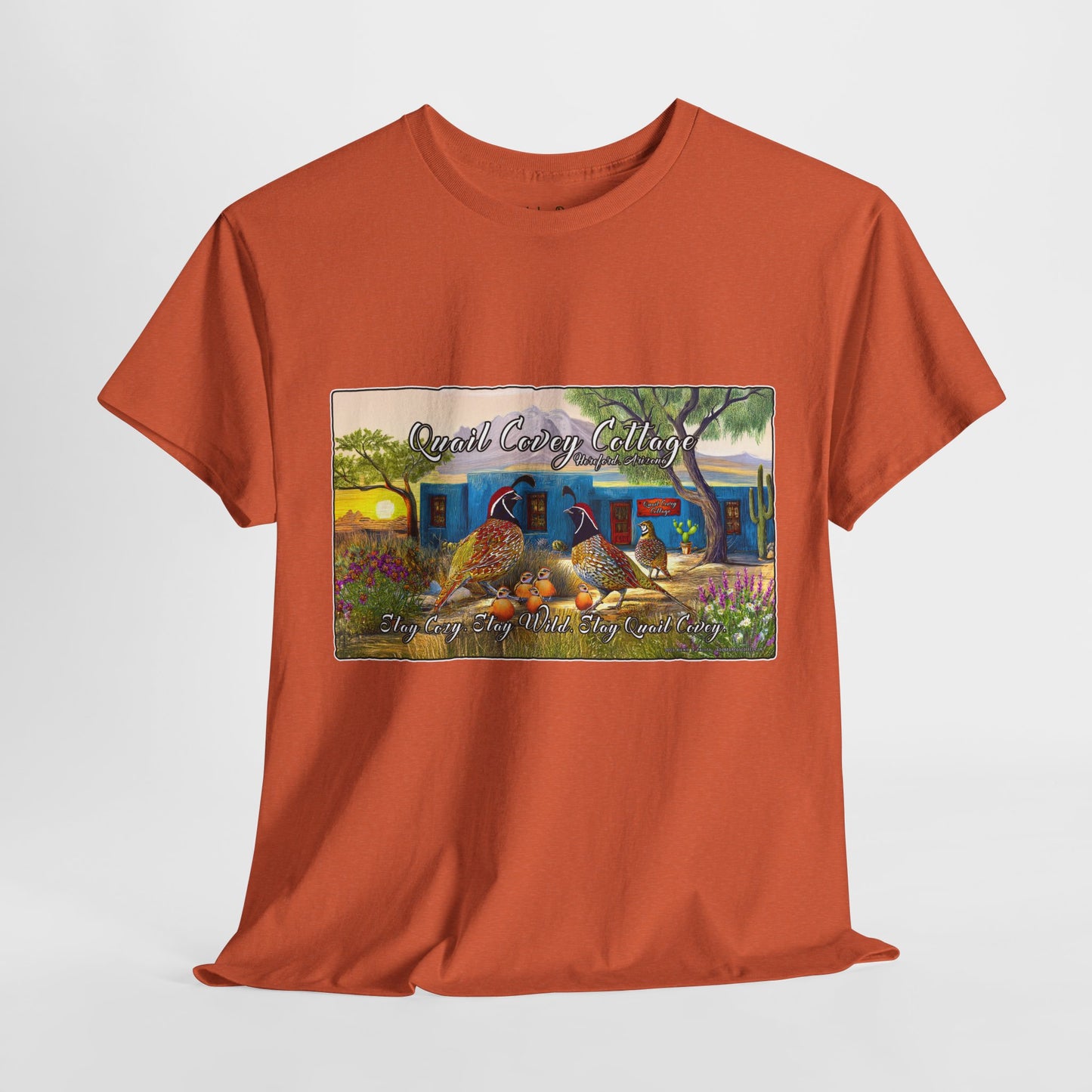 "Quail Covey Cottage" Nature-Inspired Unisex Heavy Cotton Tee, Casual Shirt, Graphic Tee, Eco-Friendly Fashion, Outdoor Adventure Wear