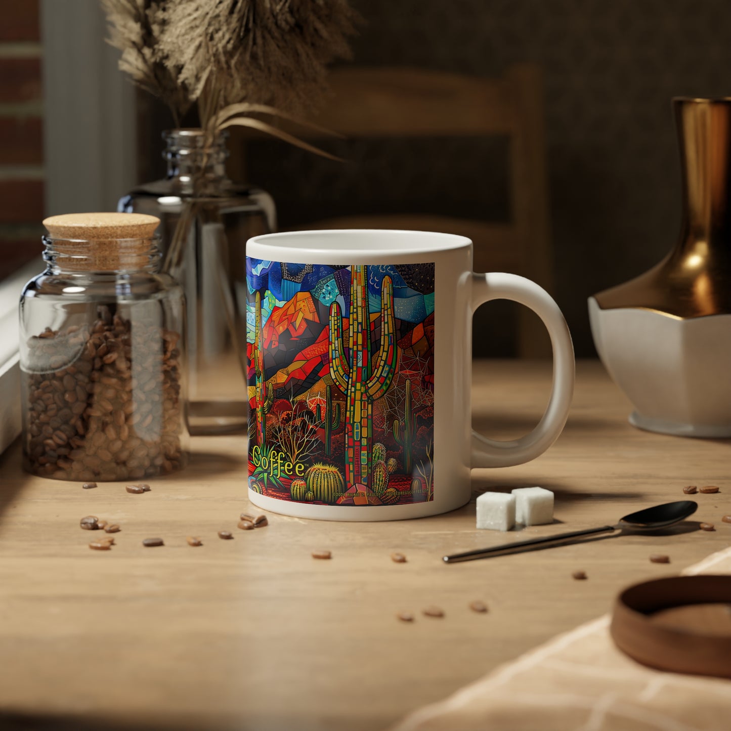 "A Patchwork Desert Camp" 20oz Ceramic Mug with Original Artwork by Rickie O. Pauley