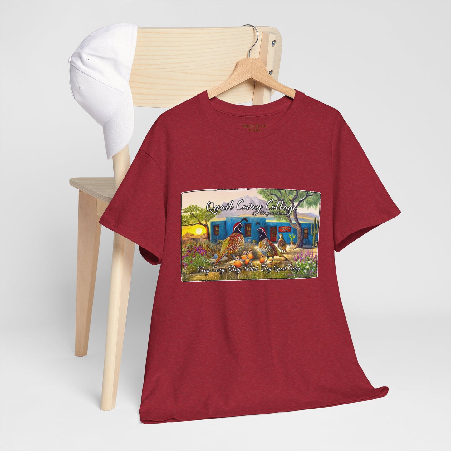 "Quail Covey Cottage" Nature-Inspired Unisex Heavy Cotton Tee, Casual Shirt, Graphic Tee, Eco-Friendly Fashion, Outdoor Adventure Wear