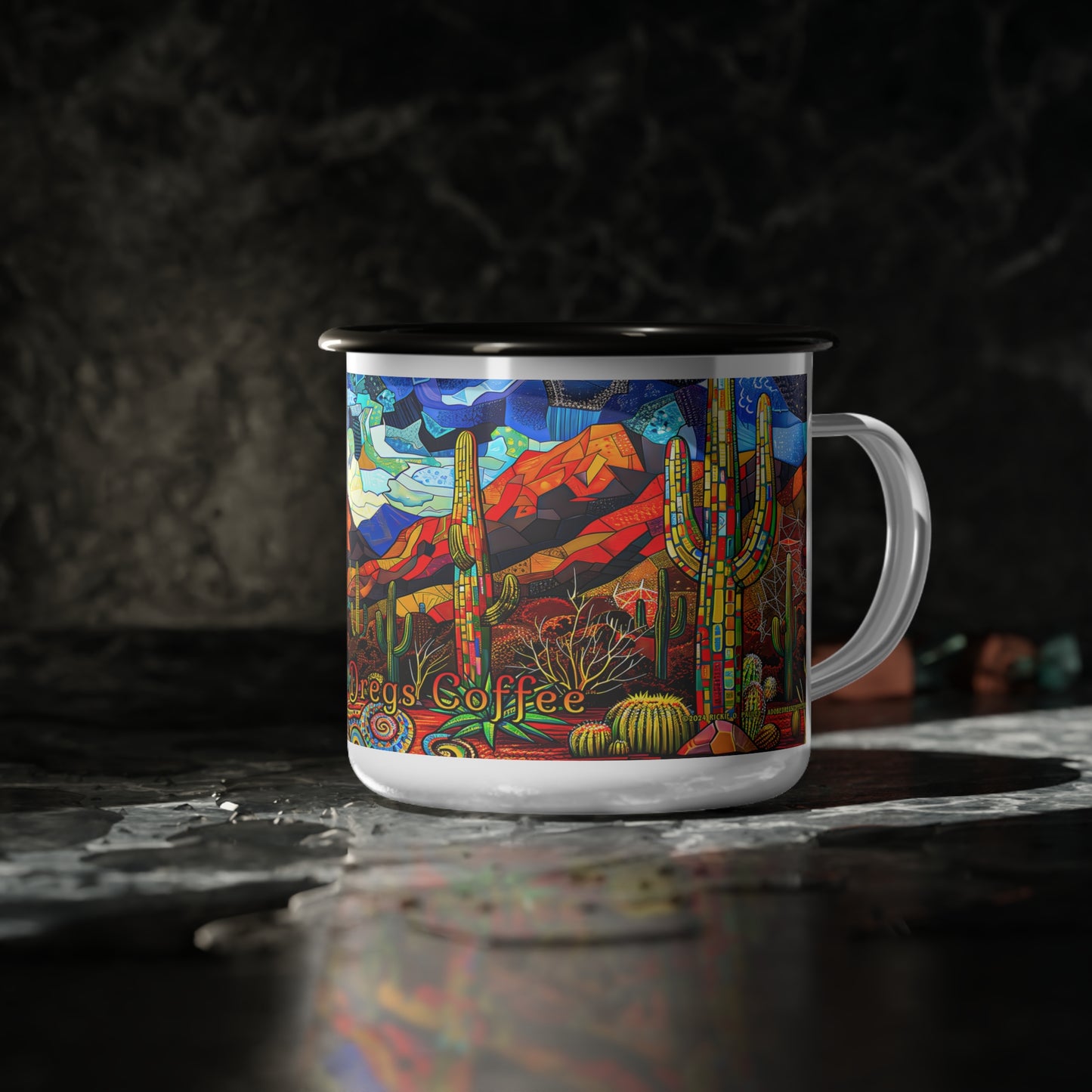 "A Patchwork Desert Camp" Mug Desert Southwest Theme Colorful Patchwork Desert Tent 12 oz Enamel Cup
