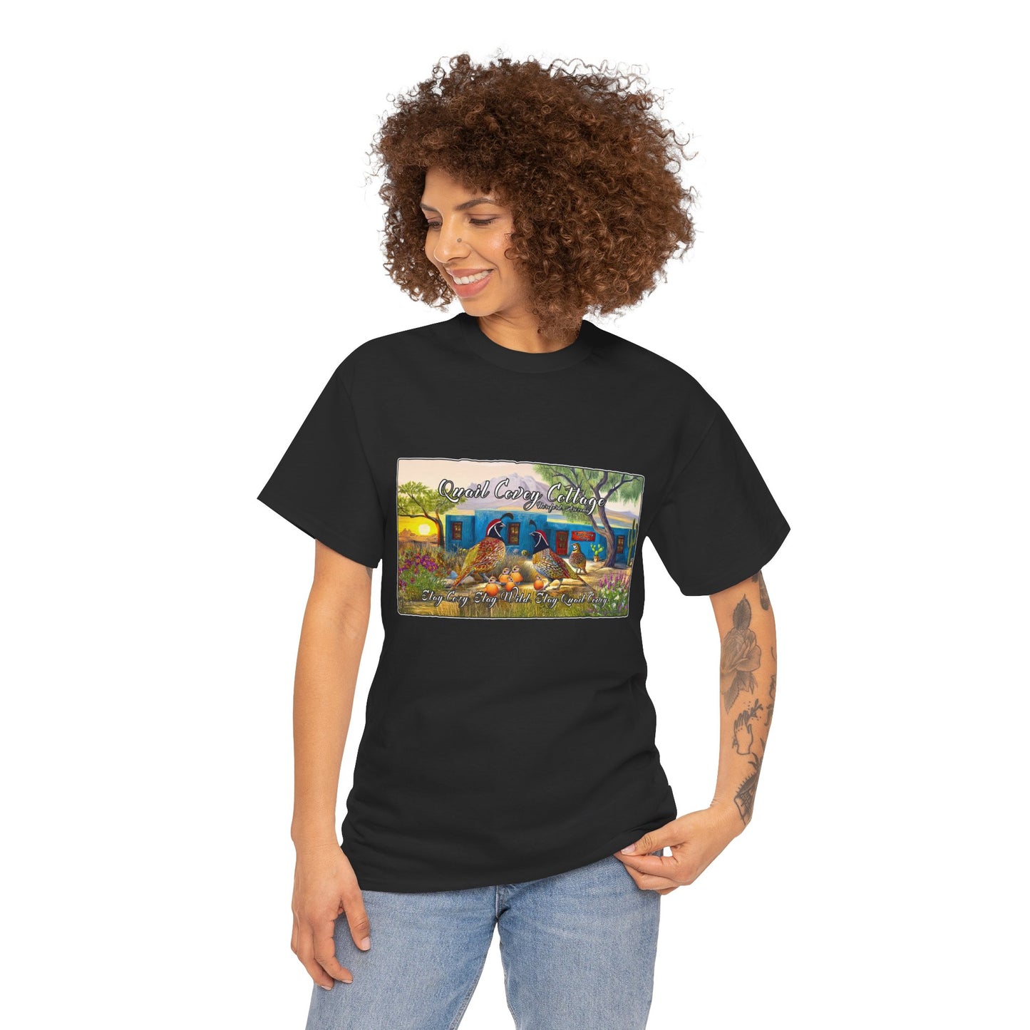 "Quail Covey Cottage" Nature-Inspired Unisex Heavy Cotton Tee, Casual Shirt, Graphic Tee, Eco-Friendly Fashion, Outdoor Adventure Wear