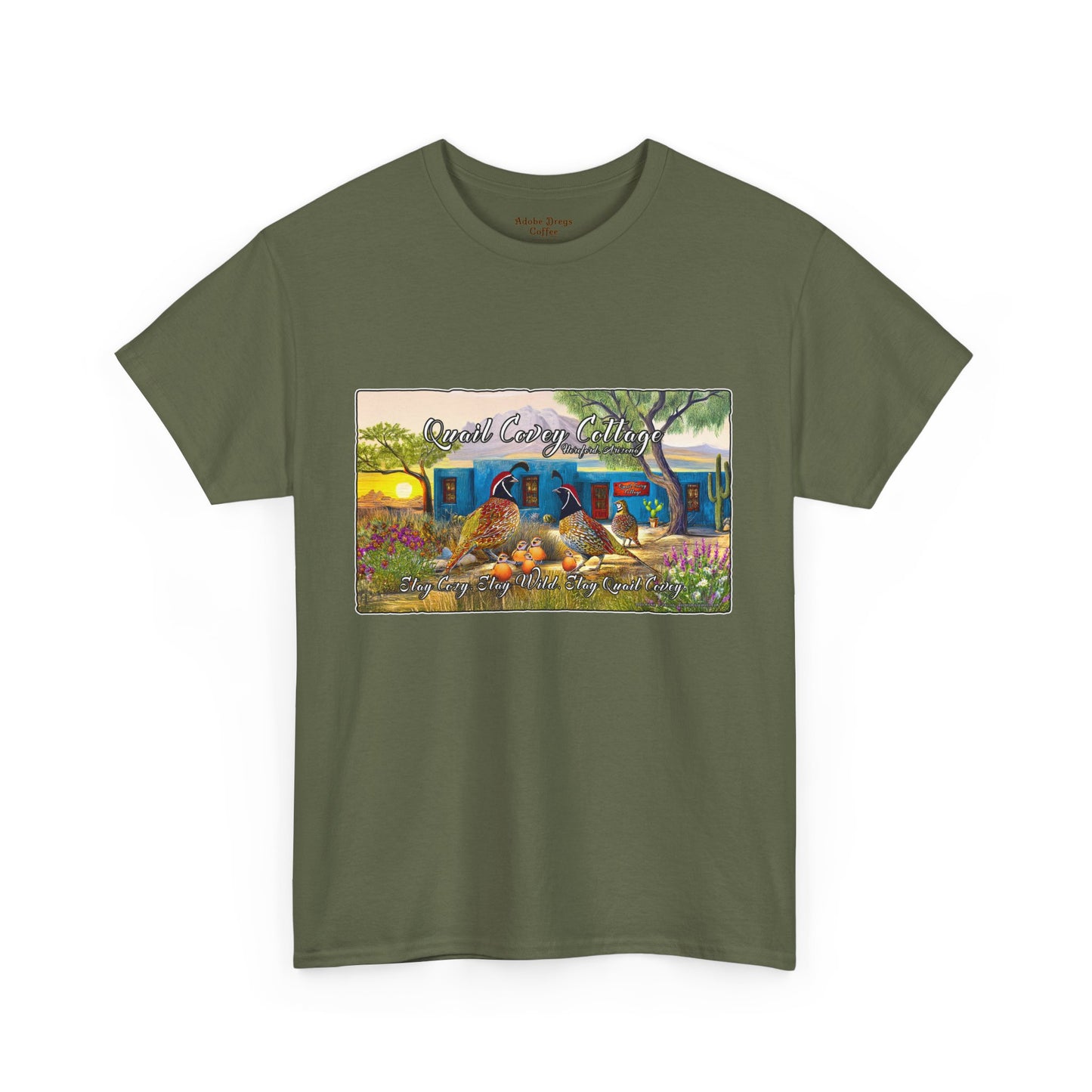 "Quail Covey Cottage" Nature-Inspired Unisex Heavy Cotton Tee, Casual Shirt, Graphic Tee, Eco-Friendly Fashion, Outdoor Adventure Wear