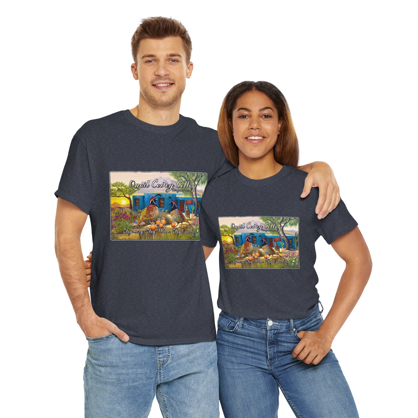 "Quail Covey Cottage" Nature-Inspired Unisex Heavy Cotton Tee, Casual Shirt, Graphic Tee, Eco-Friendly Fashion, Outdoor Adventure Wear