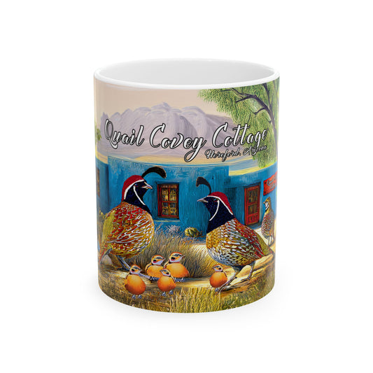 "Quail Covey Cottage" - Rustic Quail-Themed Ceramic Mug, Unique Coffee Cup, Nature Lover Gift, Desert Southwest Decor