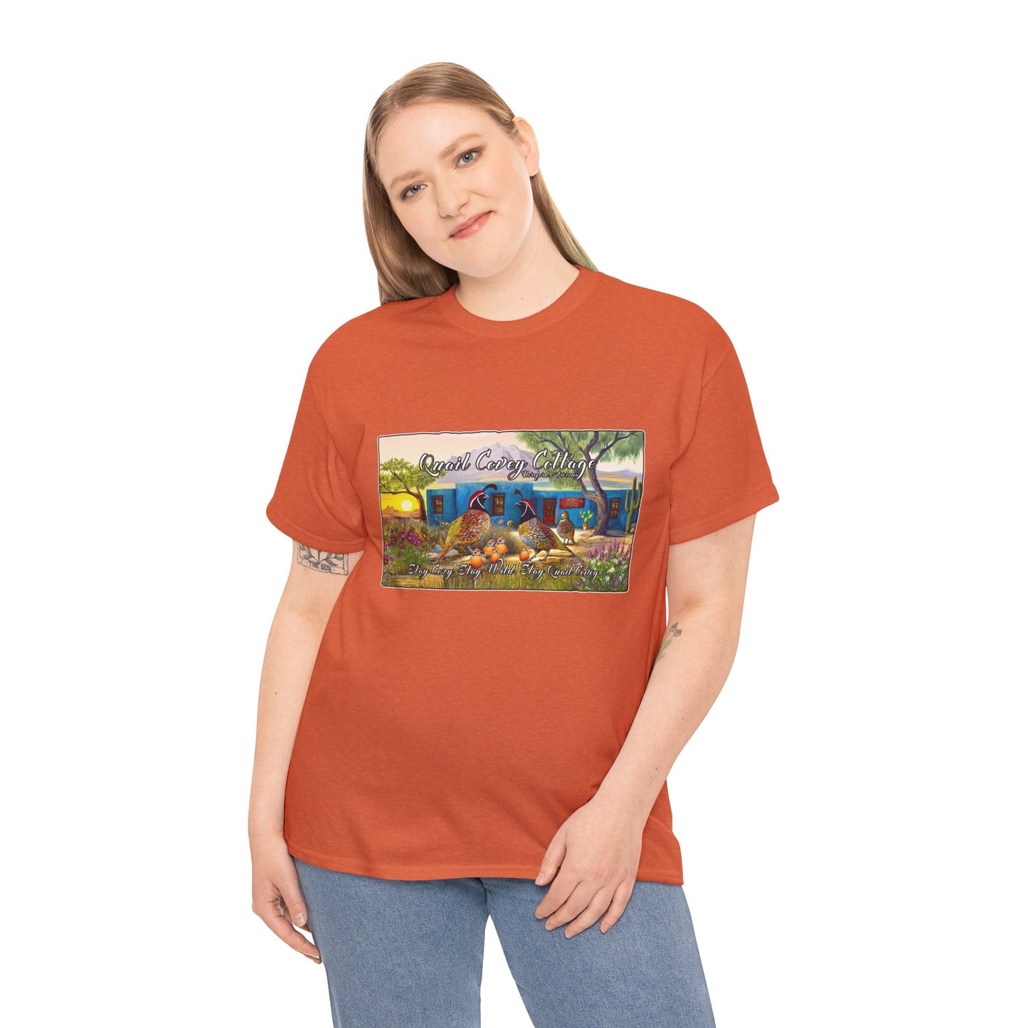 "Quail Covey Cottage" Nature-Inspired Unisex Heavy Cotton Tee, Casual Shirt, Graphic Tee, Eco-Friendly Fashion, Outdoor Adventure Wear