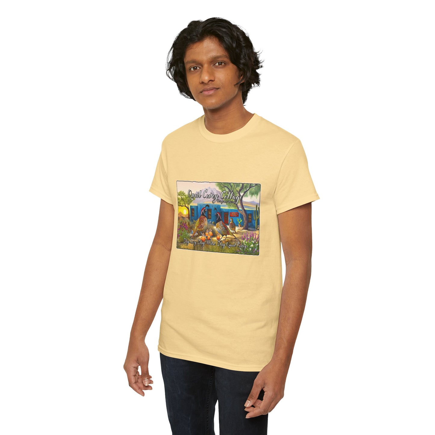 "Quail Covey Cottage" Nature-Inspired Unisex Heavy Cotton Tee, Casual Shirt, Graphic Tee, Eco-Friendly Fashion, Outdoor Adventure Wear