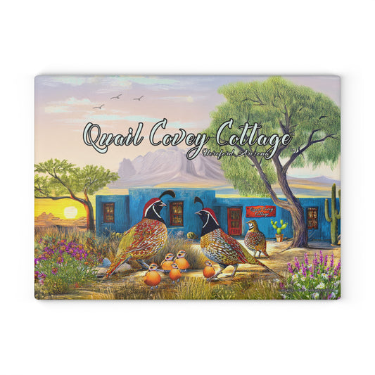 "Quail Covey Cottage" Rustic Glass Cutting Board with Quail Design, Available in 2 sizes, Kitchen Decor, Gift for Cooks, Desert Southwest Style