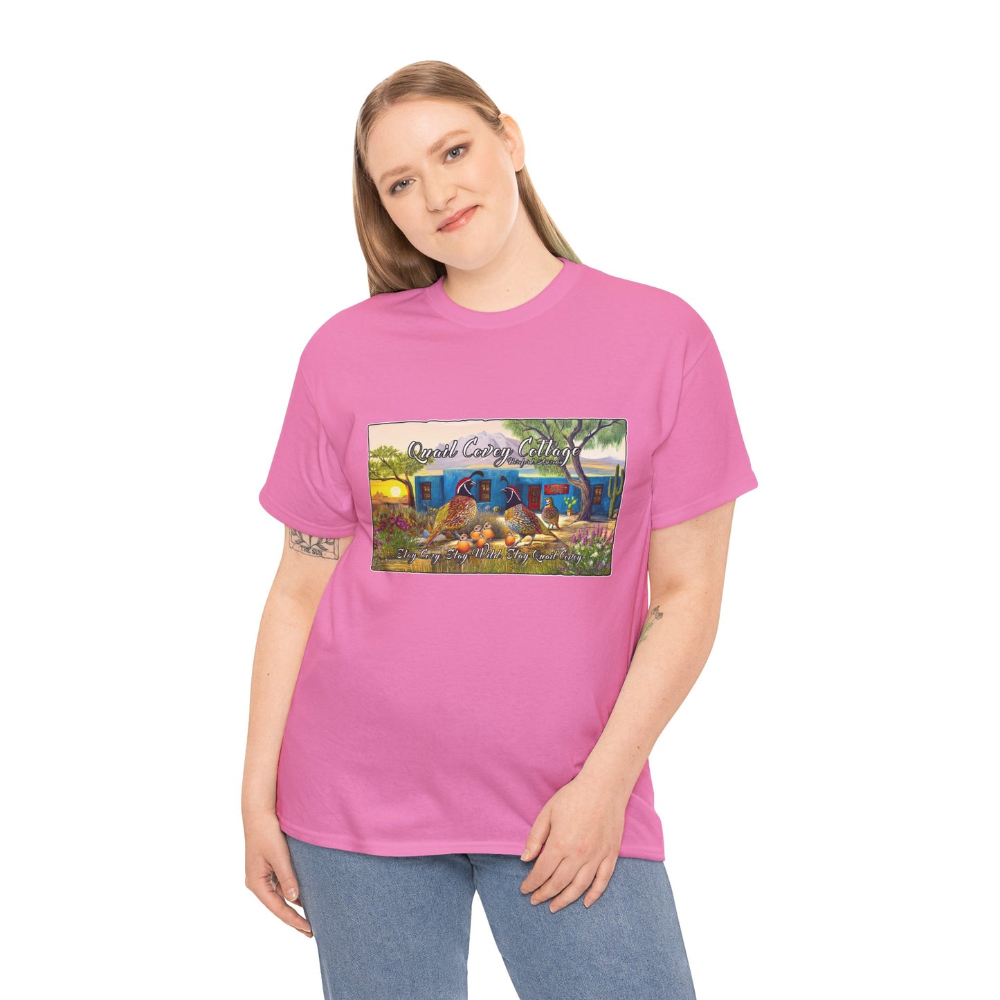 "Quail Covey Cottage" Nature-Inspired Unisex Heavy Cotton Tee, Casual Shirt, Graphic Tee, Eco-Friendly Fashion, Outdoor Adventure Wear