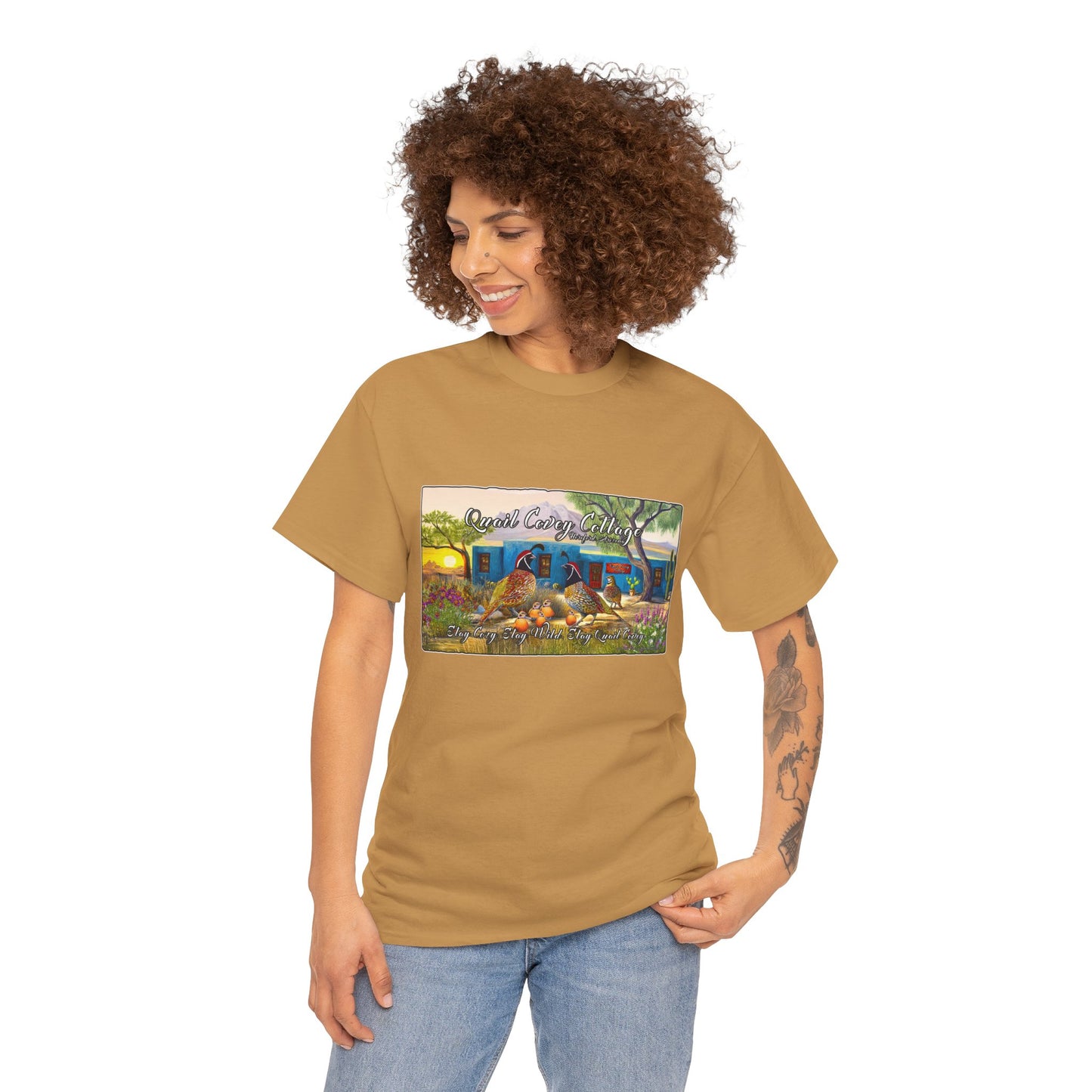 "Quail Covey Cottage" Nature-Inspired Unisex Heavy Cotton Tee, Casual Shirt, Graphic Tee, Eco-Friendly Fashion, Outdoor Adventure Wear