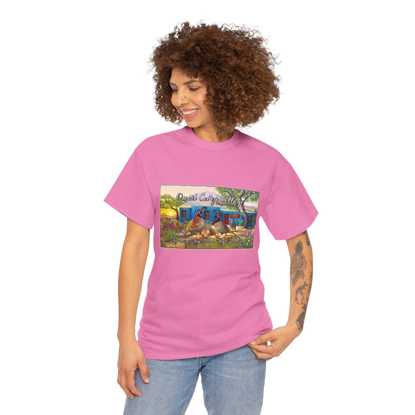 "Quail Covey Cottage" Nature-Inspired Unisex Heavy Cotton Tee, Casual Shirt, Graphic Tee, Eco-Friendly Fashion, Outdoor Adventure Wear