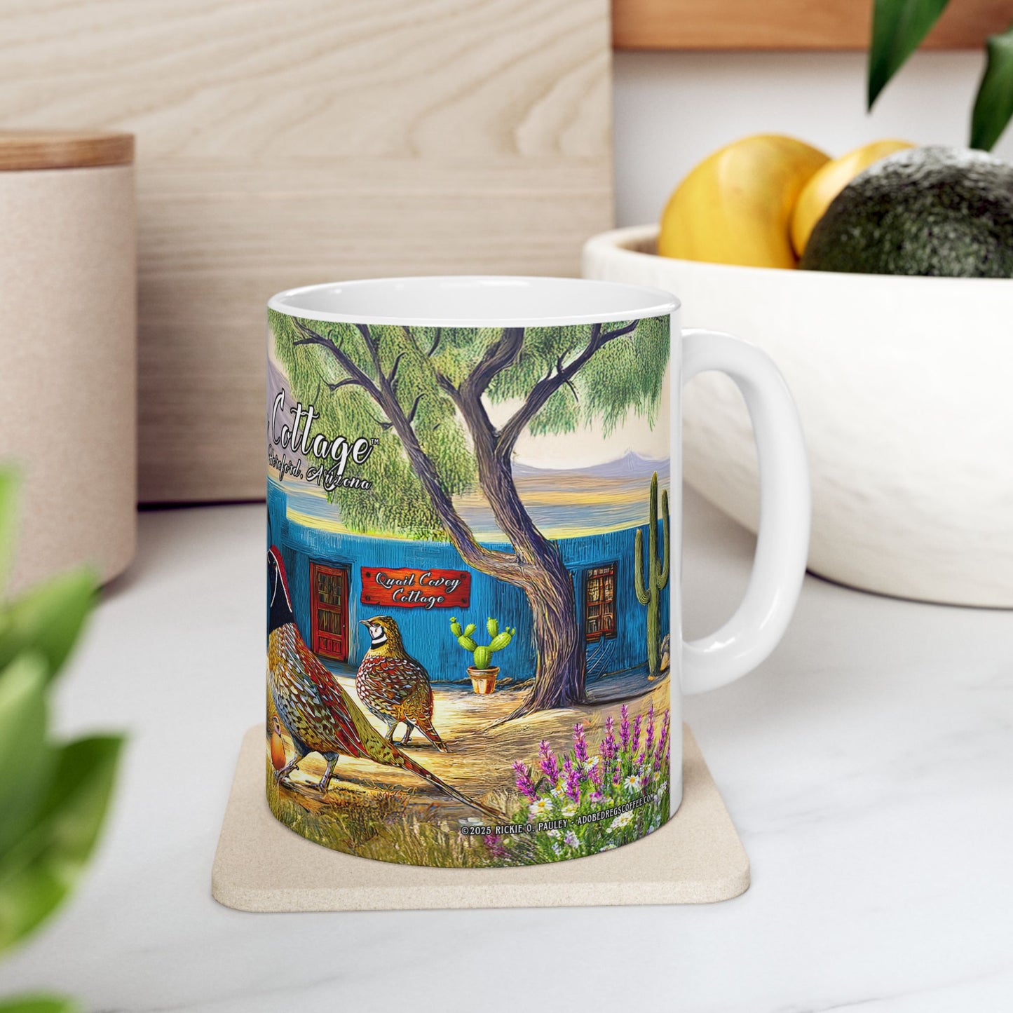 "Quail Covey Cottage" - Rustic Quail-Themed Ceramic Mug, Unique Coffee Cup, Nature Lover Gift, Desert Southwest Decor