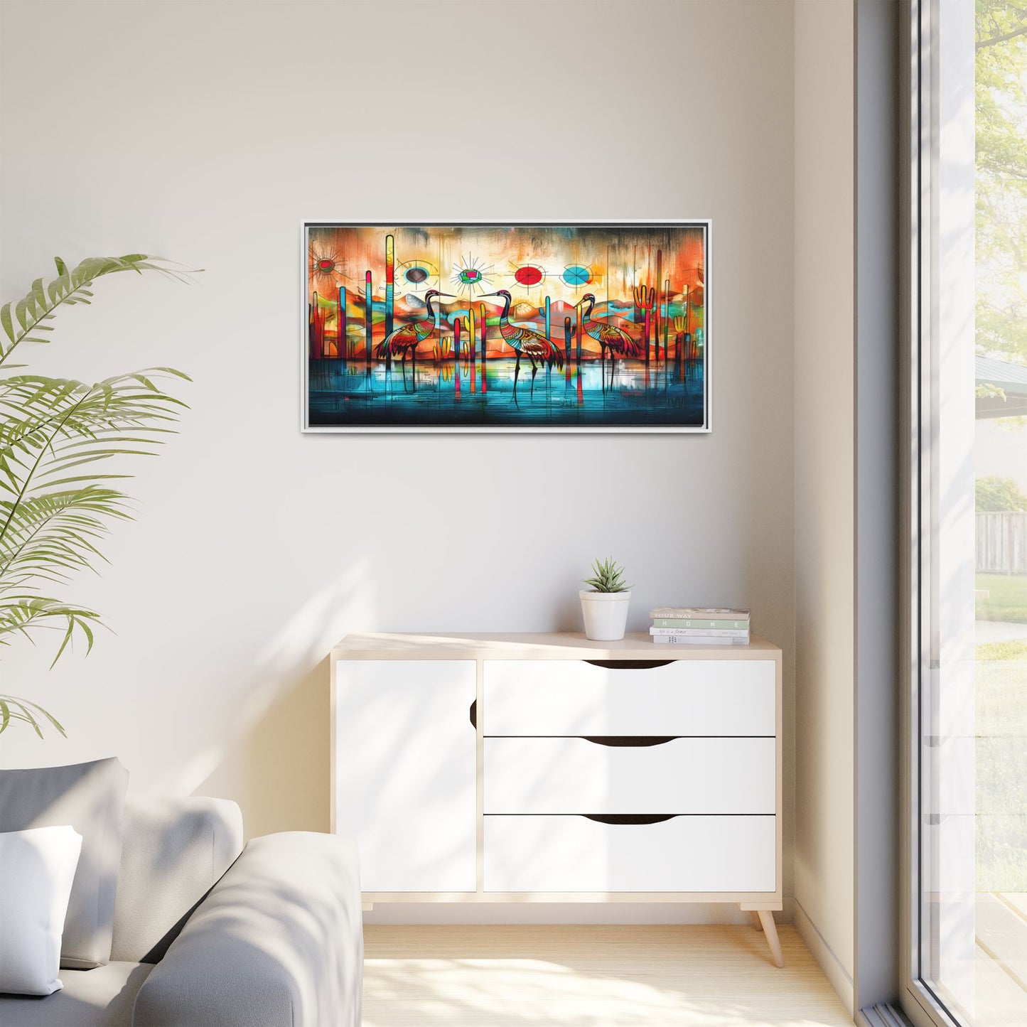 "Sandhill Craze" Vibrant & Colorful Sandhill Cranes Framed Canvas Art, Colorful Wall Decor, Unique Gift Idea, Art for Living Room and Office