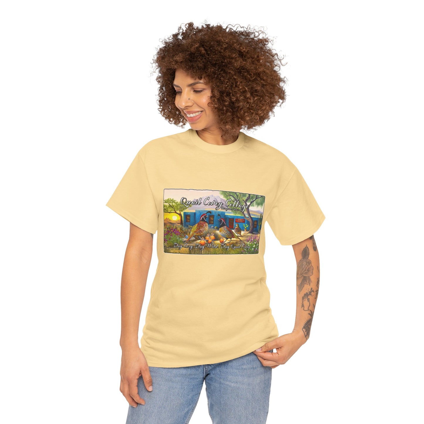 "Quail Covey Cottage" Nature-Inspired Unisex Heavy Cotton Tee, Casual Shirt, Graphic Tee, Eco-Friendly Fashion, Outdoor Adventure Wear