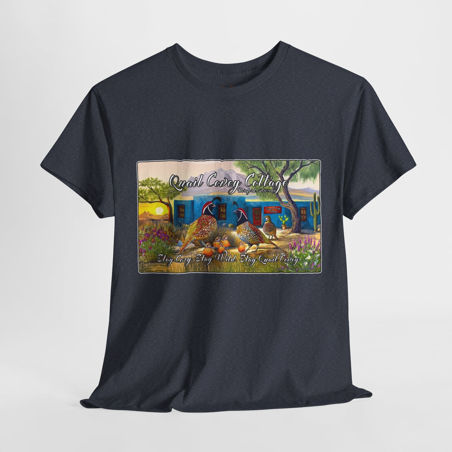 "Quail Covey Cottage" Nature-Inspired Unisex Heavy Cotton Tee, Casual Shirt, Graphic Tee, Eco-Friendly Fashion, Outdoor Adventure Wear