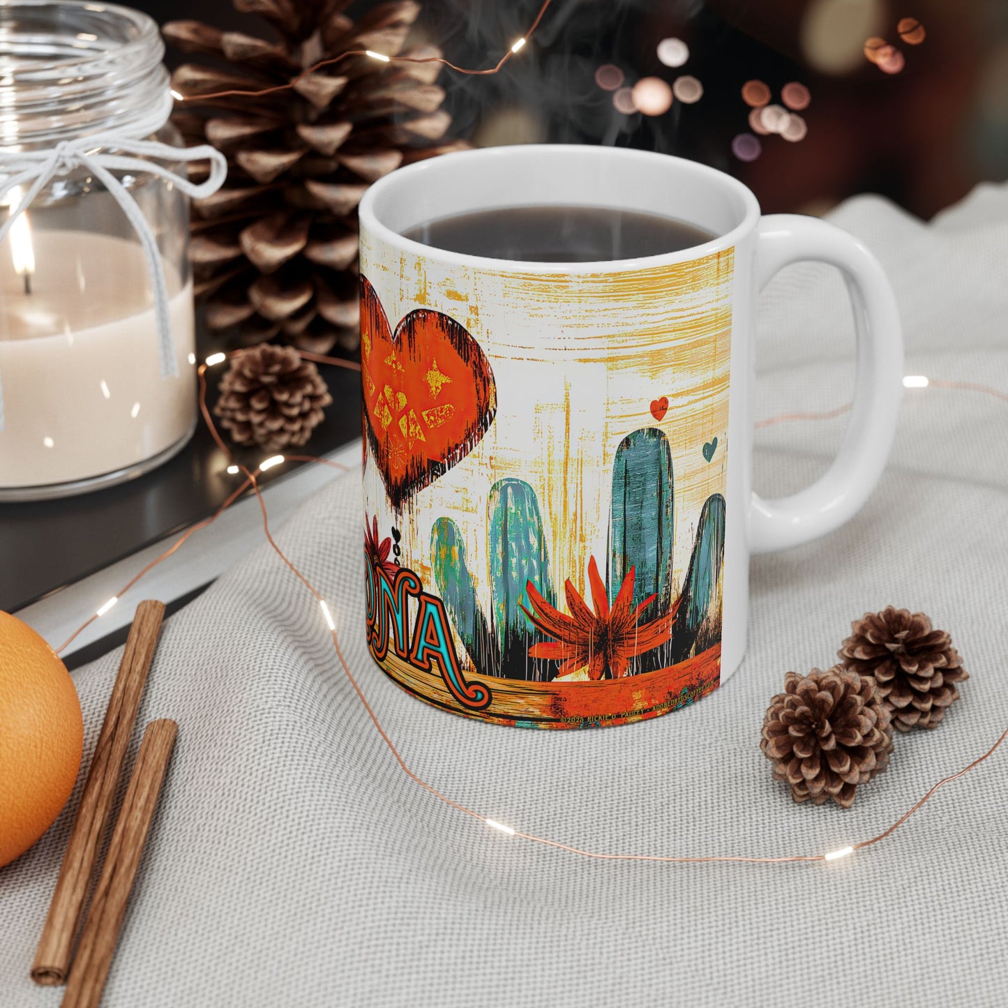"My Heart's In Arizona" Colorful Ceramic Mug - Available in 11oz and 15oz Sizes - Original Artwork by Rickie O. Pauley