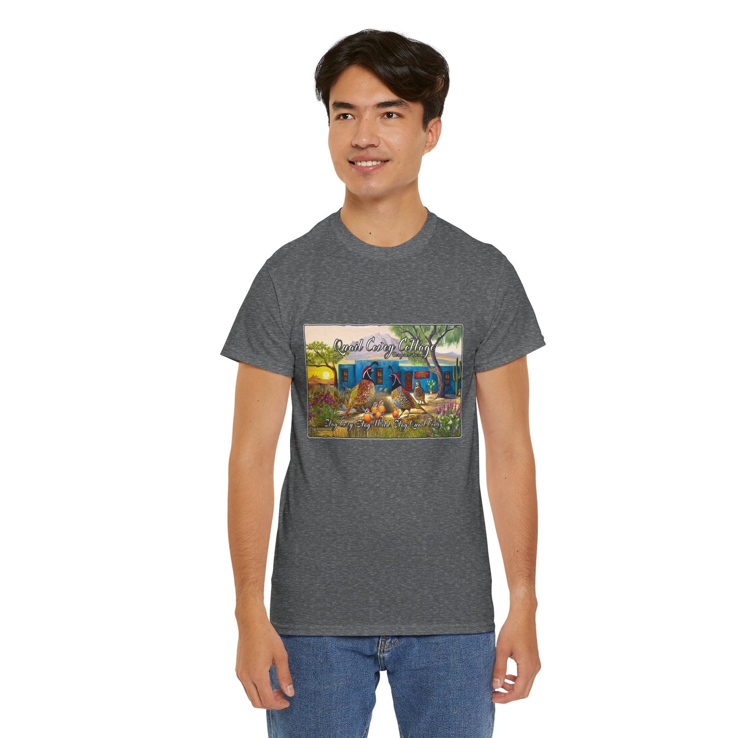 "Quail Covey Cottage" Nature-Inspired Unisex Heavy Cotton Tee, Casual Shirt, Graphic Tee, Eco-Friendly Fashion, Outdoor Adventure Wear