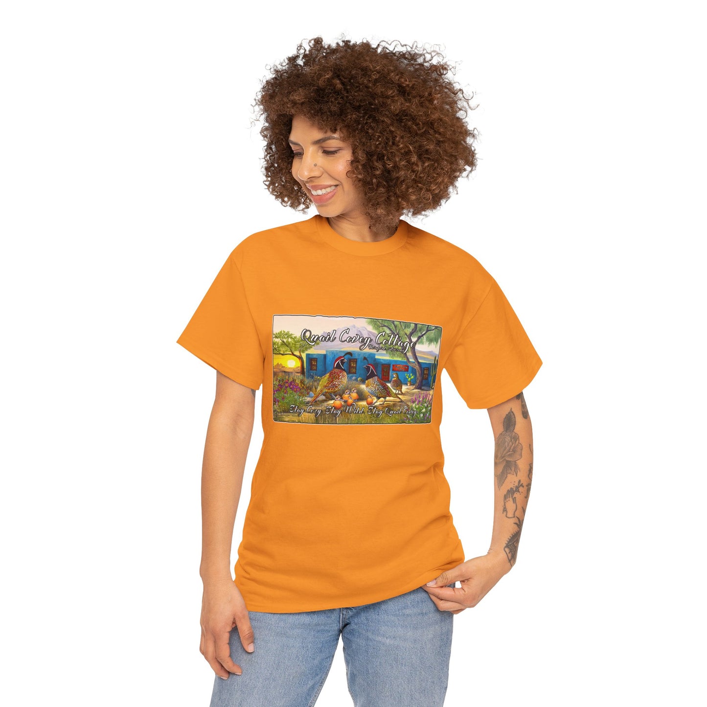"Quail Covey Cottage" Nature-Inspired Unisex Heavy Cotton Tee, Casual Shirt, Graphic Tee, Eco-Friendly Fashion, Outdoor Adventure Wear