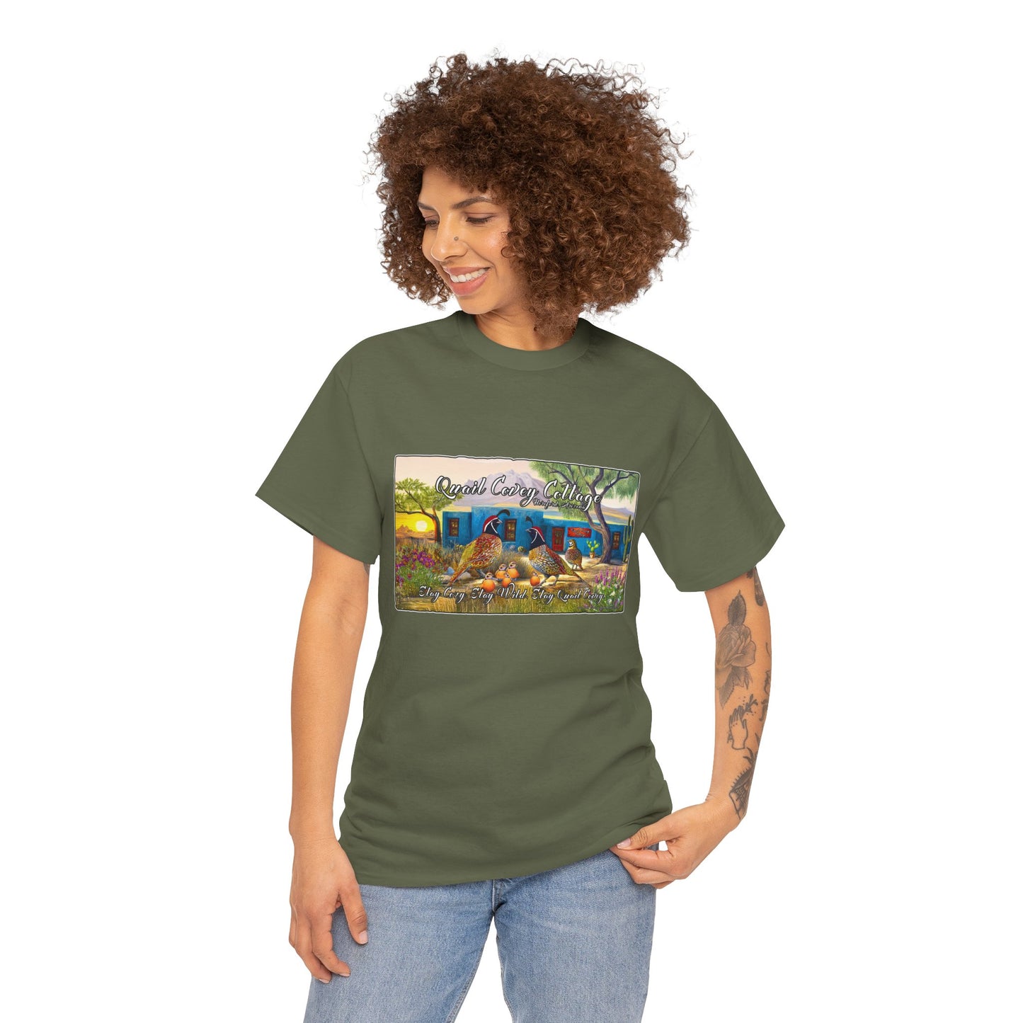 "Quail Covey Cottage" Nature-Inspired Unisex Heavy Cotton Tee, Casual Shirt, Graphic Tee, Eco-Friendly Fashion, Outdoor Adventure Wear