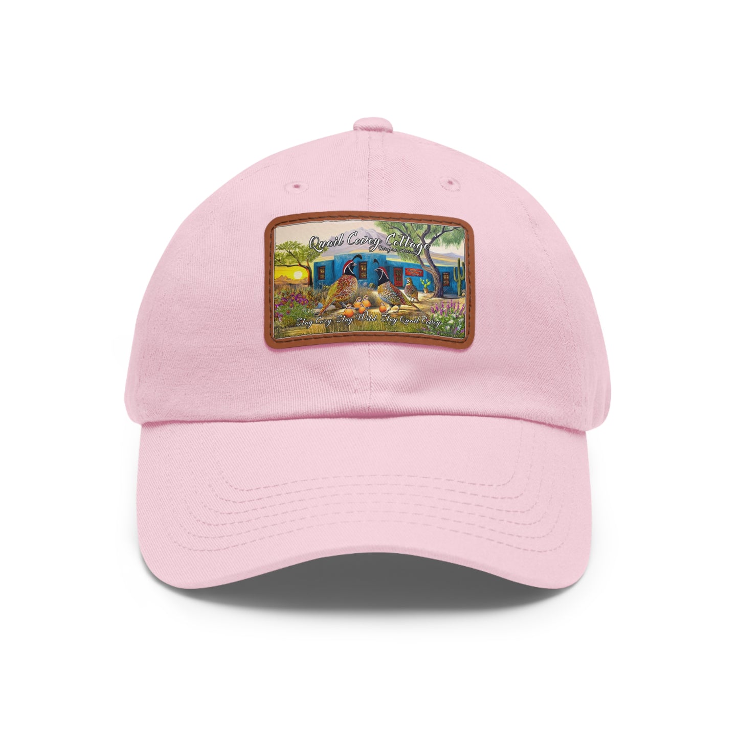 "Quail Covey Cottage" Stylish Dad Hat with Leather Patch, Casual Outdoor Wear, Unique Dad Accessory, Vintage-Inspired Cap,