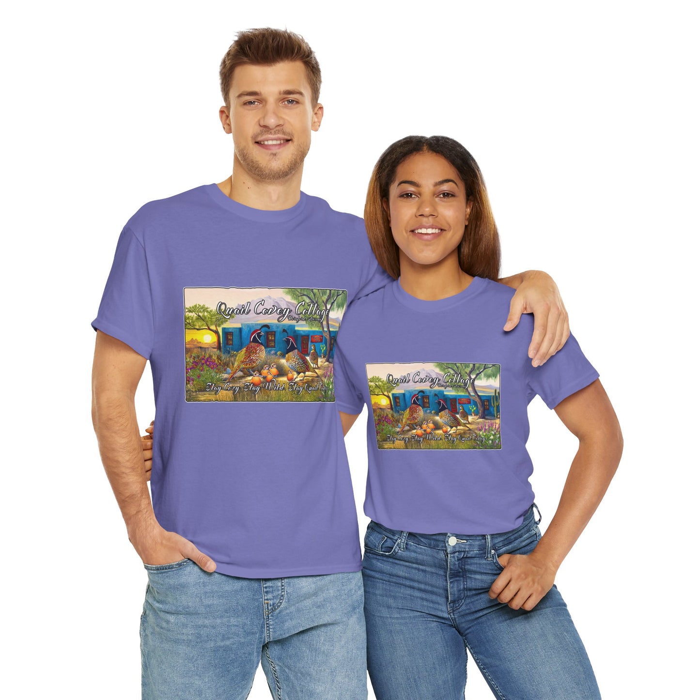 "Quail Covey Cottage" Nature-Inspired Unisex Heavy Cotton Tee, Casual Shirt, Graphic Tee, Eco-Friendly Fashion, Outdoor Adventure Wear