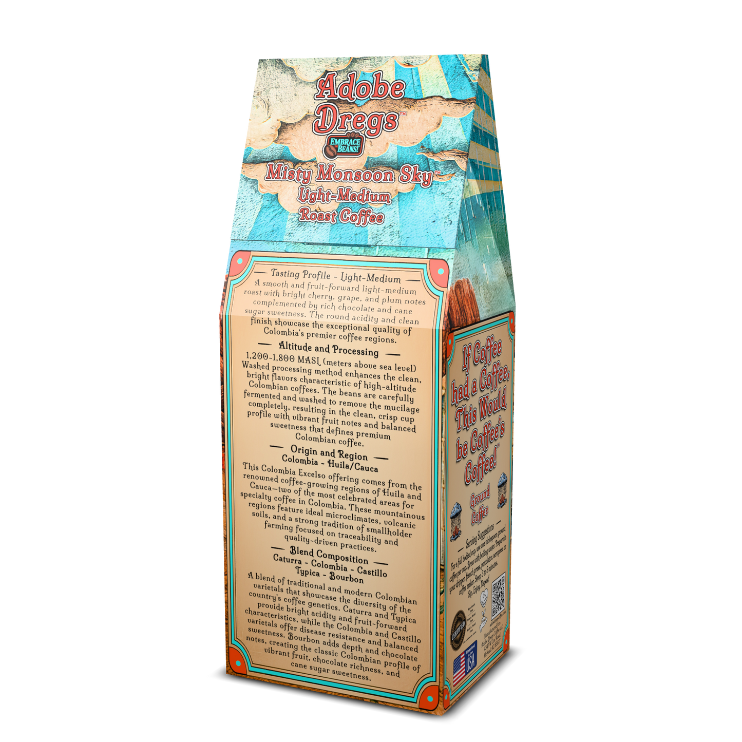 Adobe Dregs Coffee™ Misty Monsoon Sky™ Colombia Single Origin Ground Coffee Blend (Light-Medium)