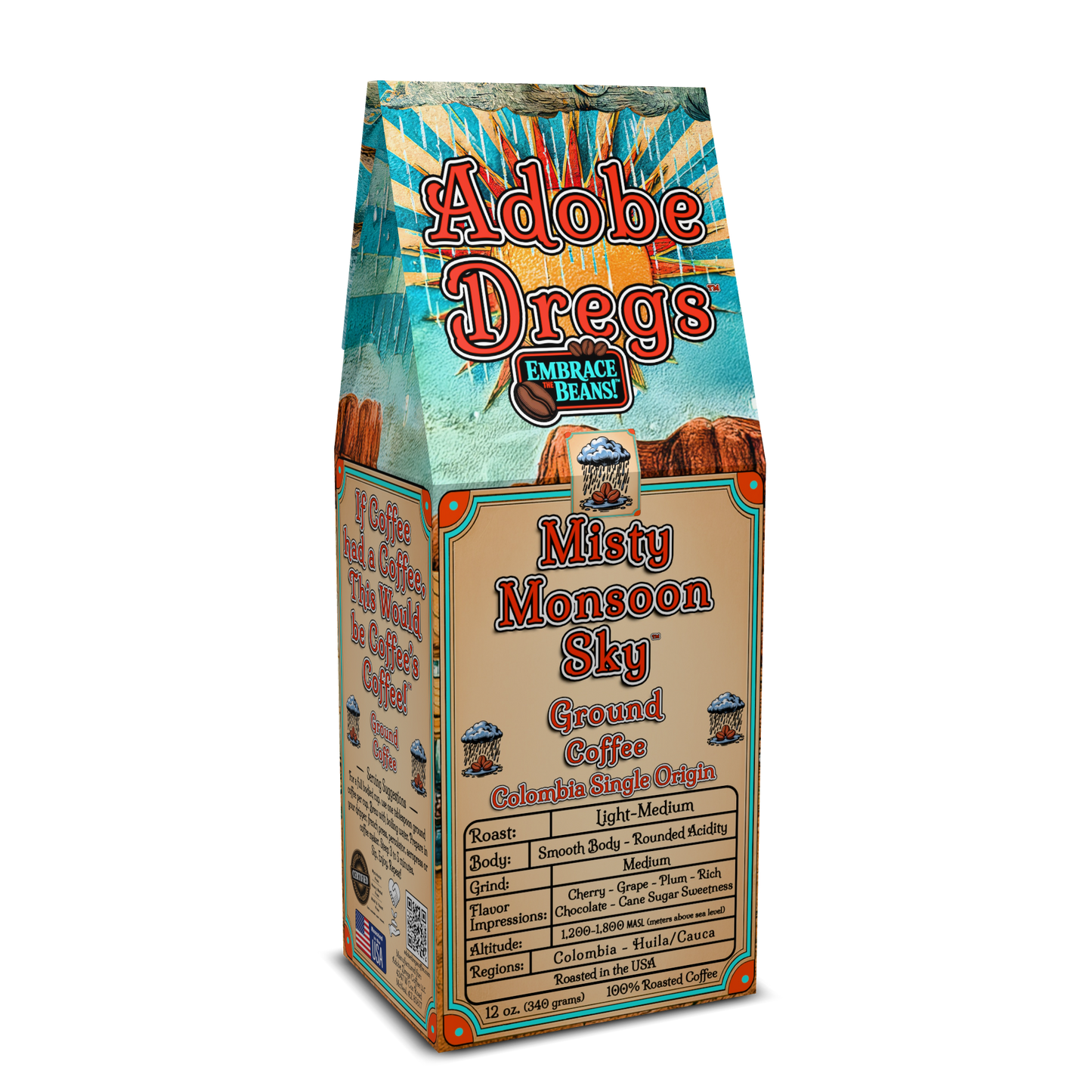 Adobe Dregs Coffee™ Misty Monsoon Sky™ Colombia Single Origin Ground Coffee Blend (Light-Medium)