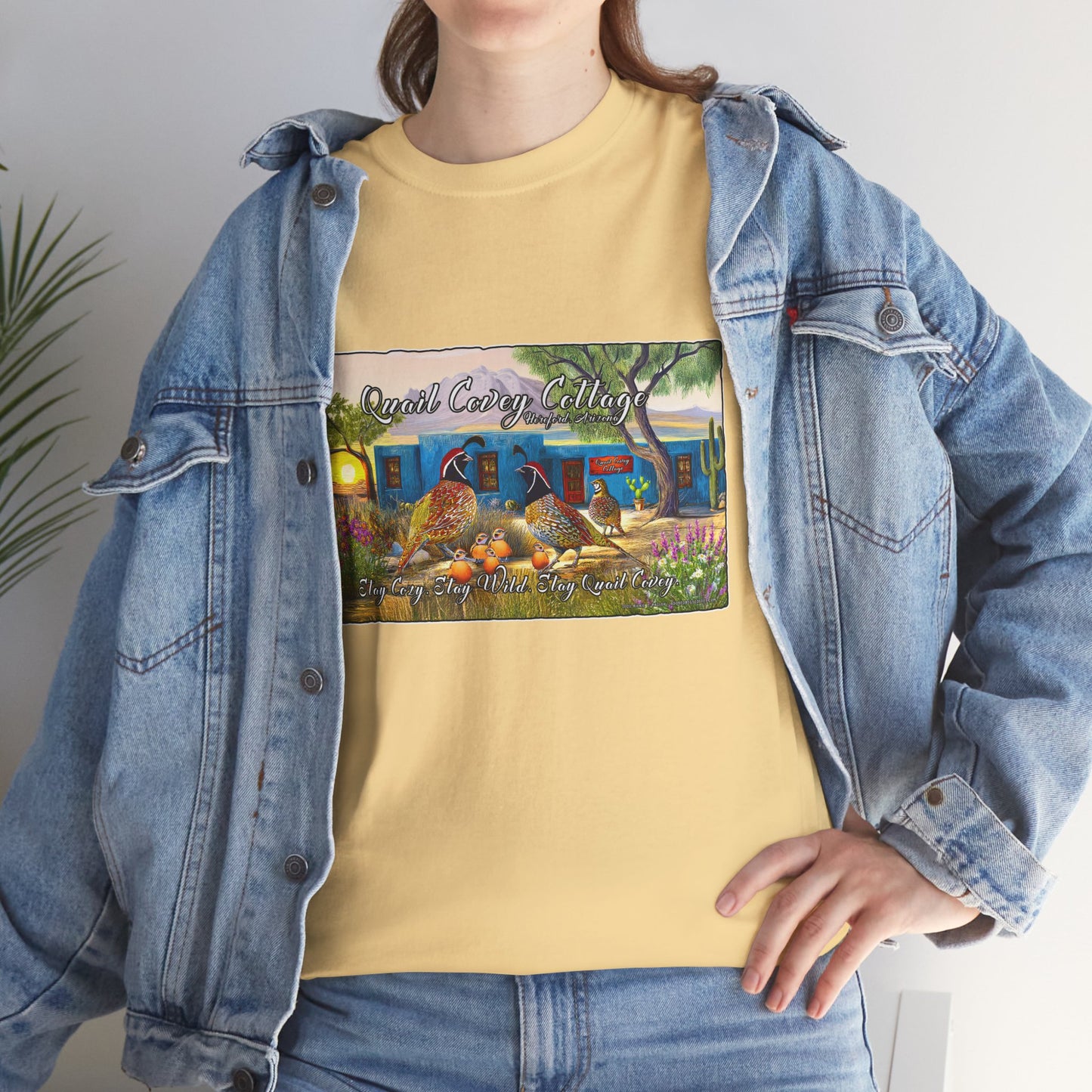 "Quail Covey Cottage" Nature-Inspired Unisex Heavy Cotton Tee, Casual Shirt, Graphic Tee, Eco-Friendly Fashion, Outdoor Adventure Wear