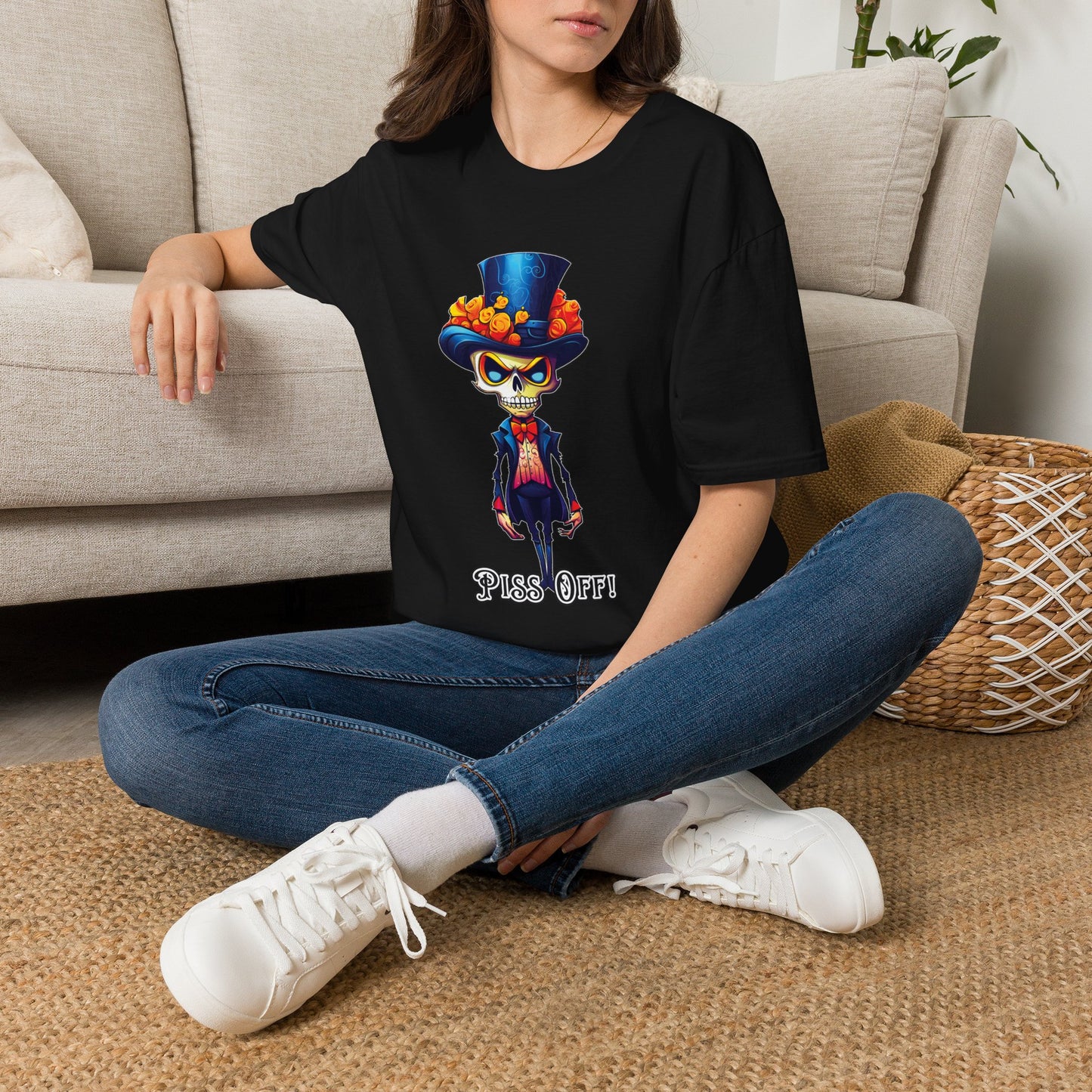 Day of the Dead Skull Top Hat T-Shirt — 'Piss Off!' Gothic Sugar Skull Tee