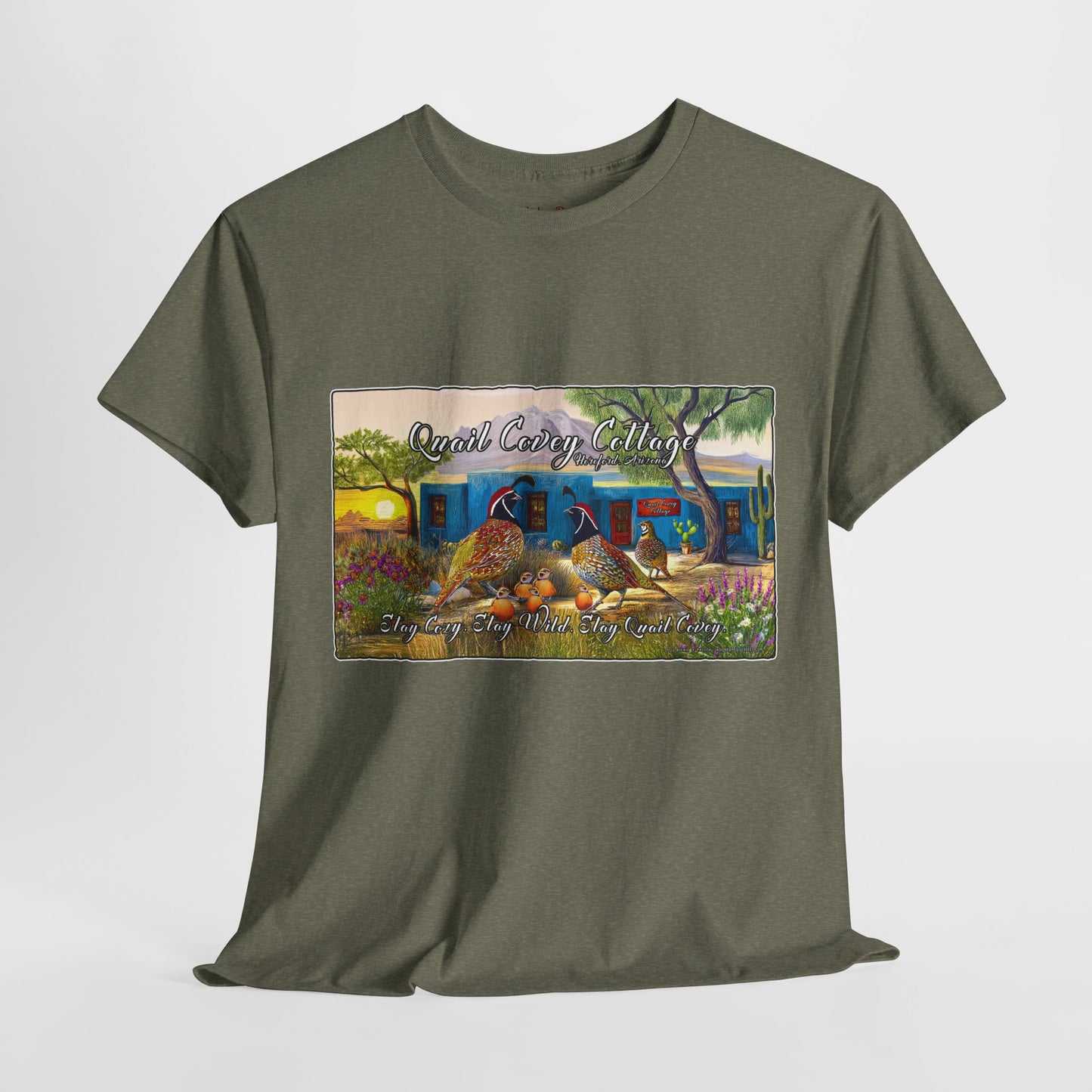 "Quail Covey Cottage" Nature-Inspired Unisex Heavy Cotton Tee, Casual Shirt, Graphic Tee, Eco-Friendly Fashion, Outdoor Adventure Wear