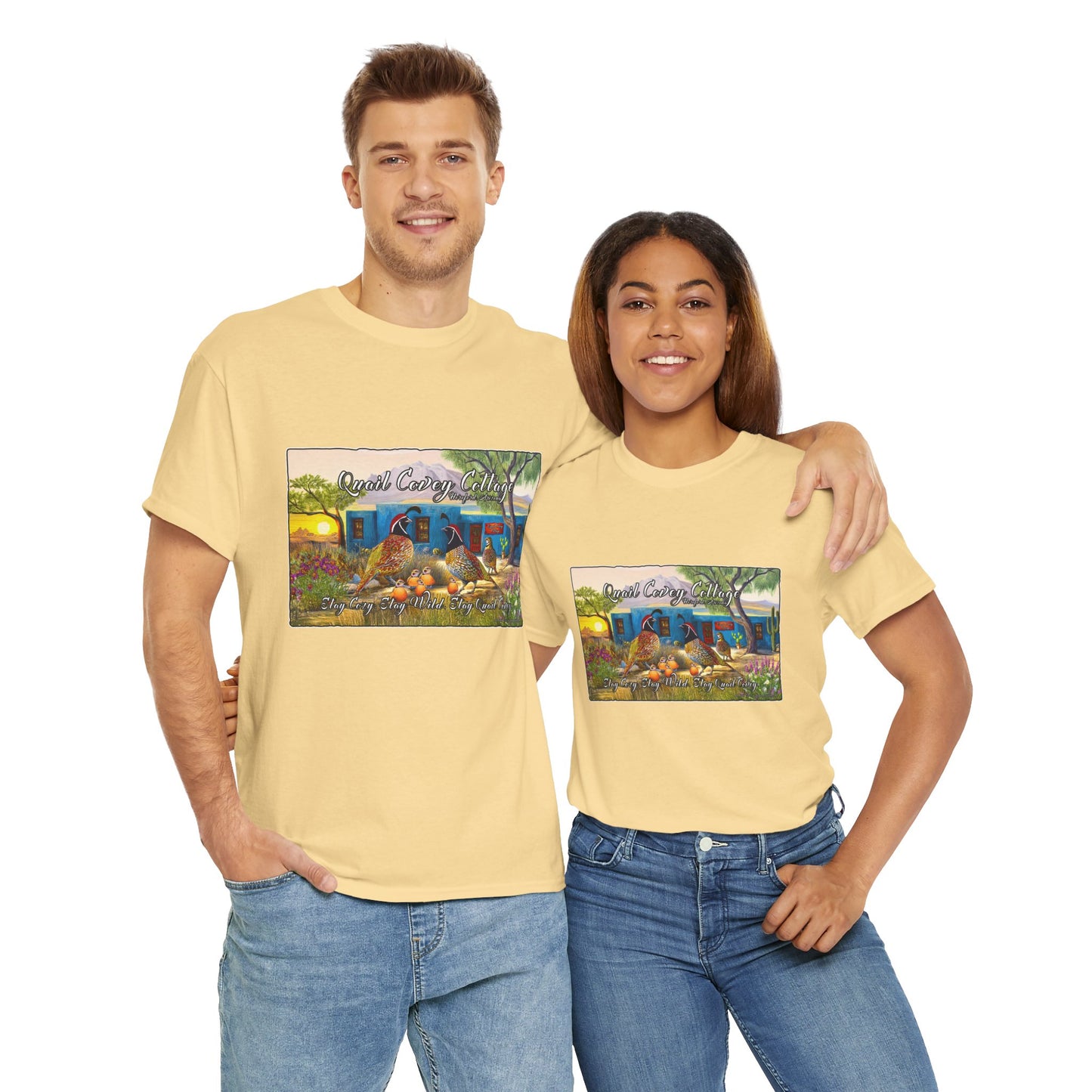 "Quail Covey Cottage" Nature-Inspired Unisex Heavy Cotton Tee, Casual Shirt, Graphic Tee, Eco-Friendly Fashion, Outdoor Adventure Wear