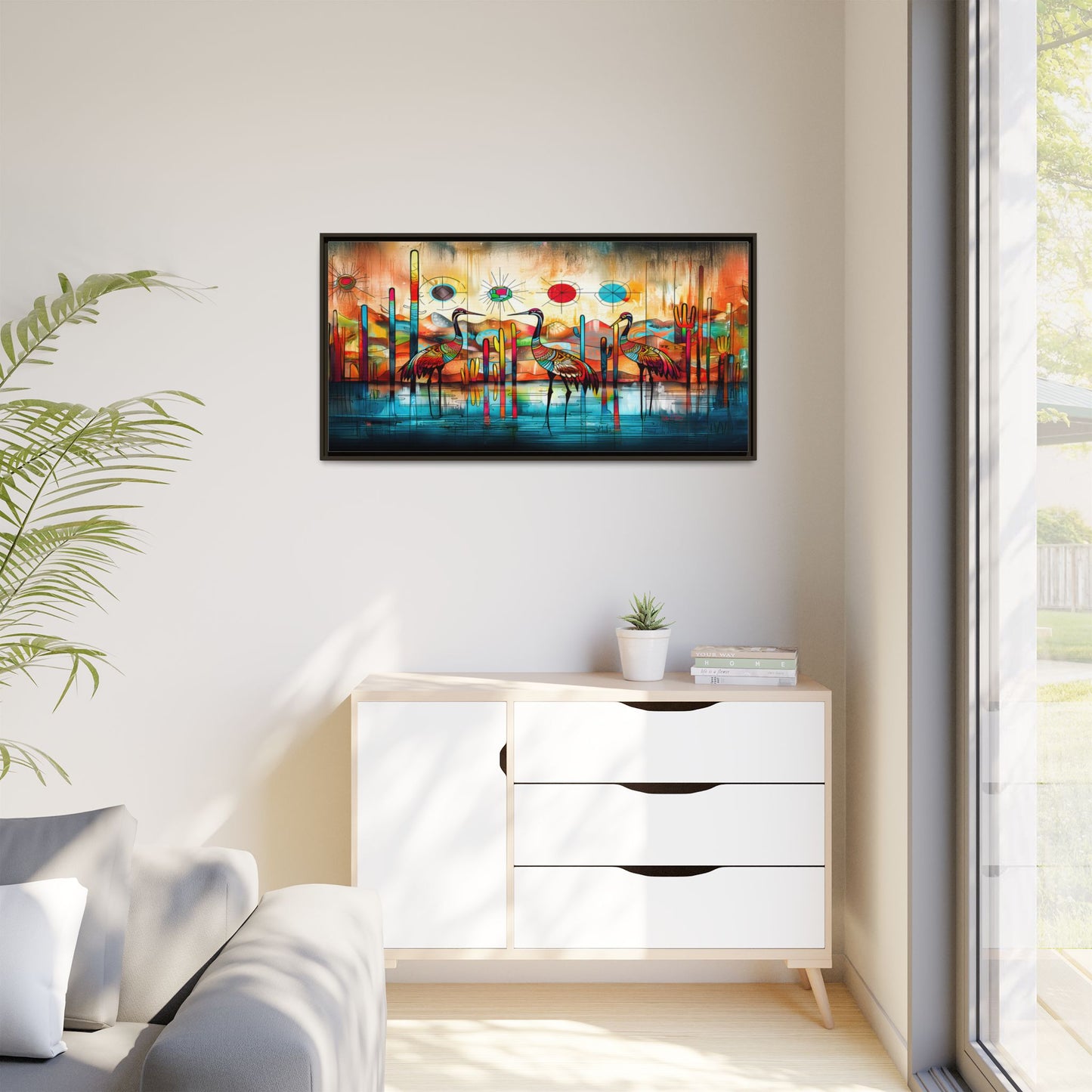 "Sandhill Craze" Vibrant & Colorful Sandhill Cranes Framed Canvas Art, Colorful Wall Decor, Unique Gift Idea, Art for Living Room and Office