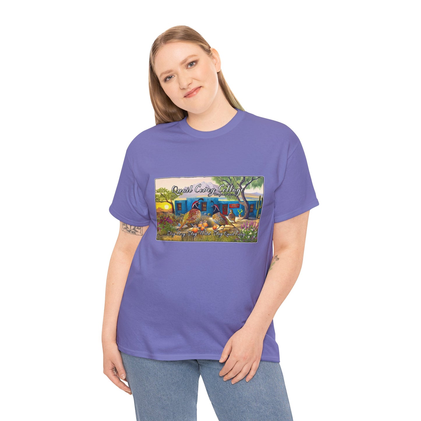 "Quail Covey Cottage" Nature-Inspired Unisex Heavy Cotton Tee, Casual Shirt, Graphic Tee, Eco-Friendly Fashion, Outdoor Adventure Wear