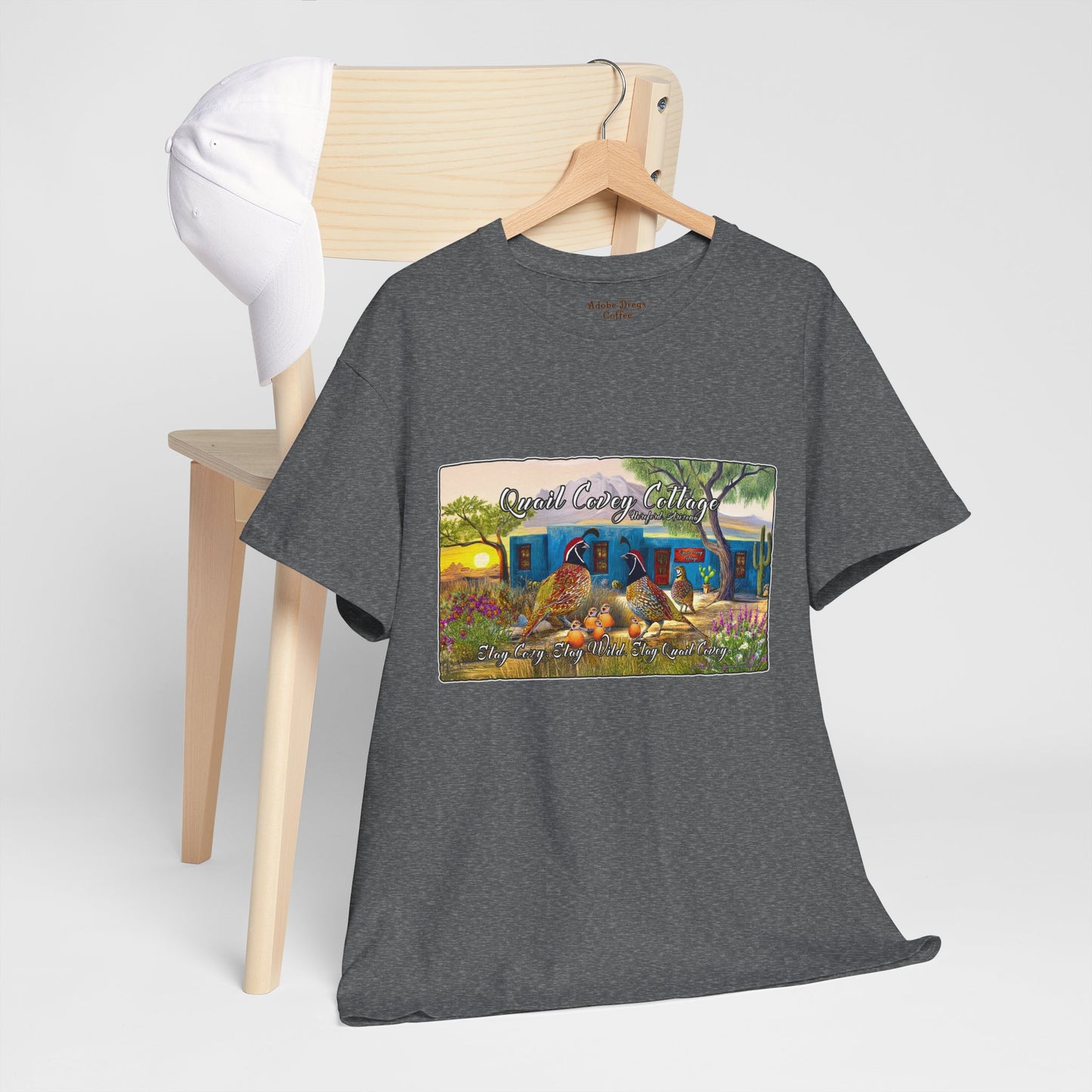 "Quail Covey Cottage" Nature-Inspired Unisex Heavy Cotton Tee, Casual Shirt, Graphic Tee, Eco-Friendly Fashion, Outdoor Adventure Wear