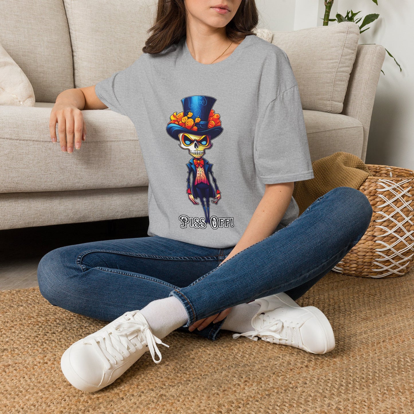 Day of the Dead Skull Top Hat T-Shirt — 'Piss Off!' Gothic Sugar Skull Tee