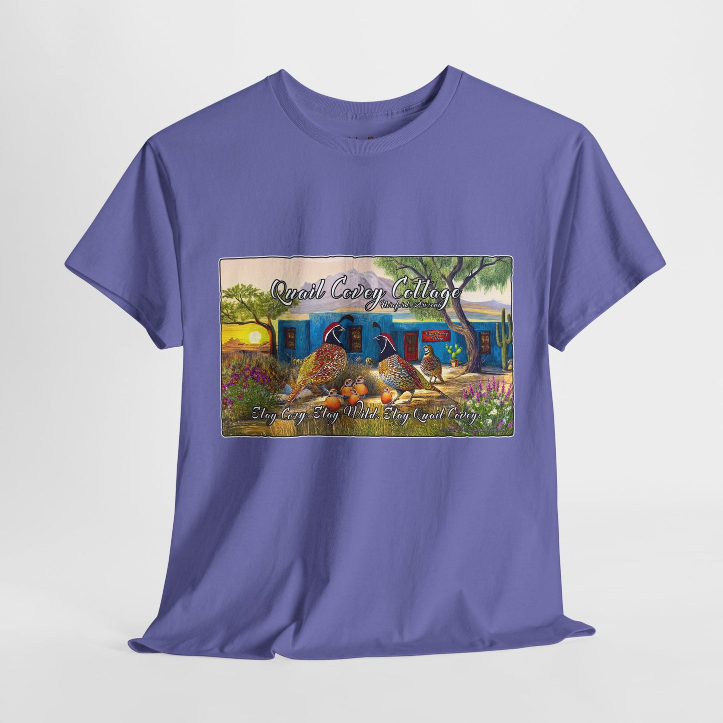 "Quail Covey Cottage" Nature-Inspired Unisex Heavy Cotton Tee, Casual Shirt, Graphic Tee, Eco-Friendly Fashion, Outdoor Adventure Wear
